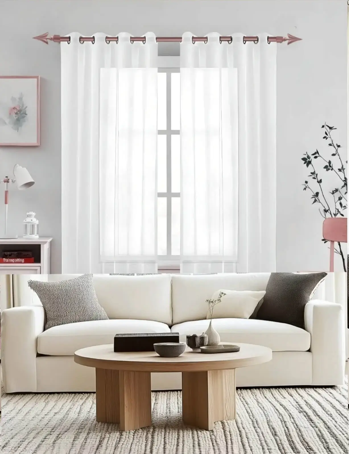 curtain rod for living hall curtain rod for living hall - Stylish living room with flowing voile curtains on a rose gold curtain rod, paired with a cozy sofa set, vibrant cushions, and wall paintings—creating a chic, inviting ambiance