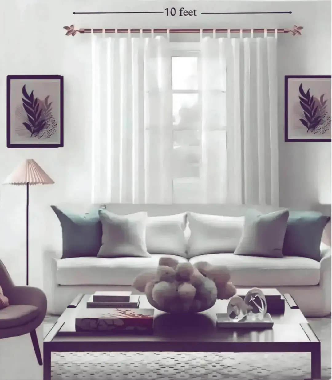 extendable curtain rod for living room extendable curtain rod for living room - Stylish living room with flowing curtains on a 12 feet long rose gold curtain rod installed on a window, paired with a cozy sofa set, vibrant cushions, and wall paintings—creating a chic, inviting ambiance.