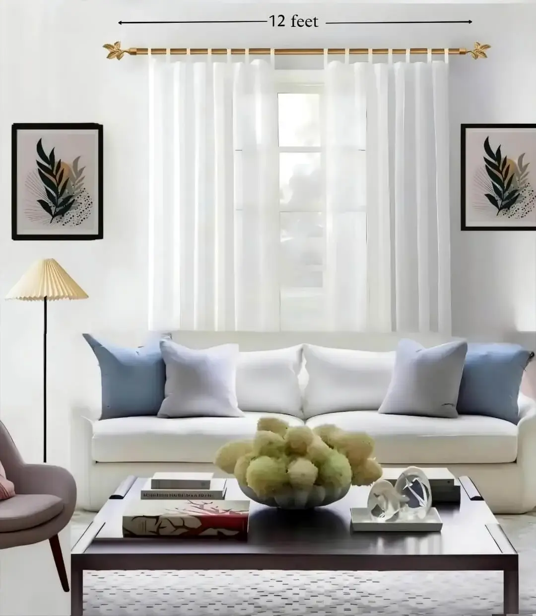 gold curtain pole set for living room gold curtain pole set for living room - Stylish living room with flowing curtains on a 12 feet long gold curtain rod set, paired with a cozy sofa set, vibrant cushions, and wall paintings—creating a chic, inviting ambiance. Text highlight:12 feet curtain rod