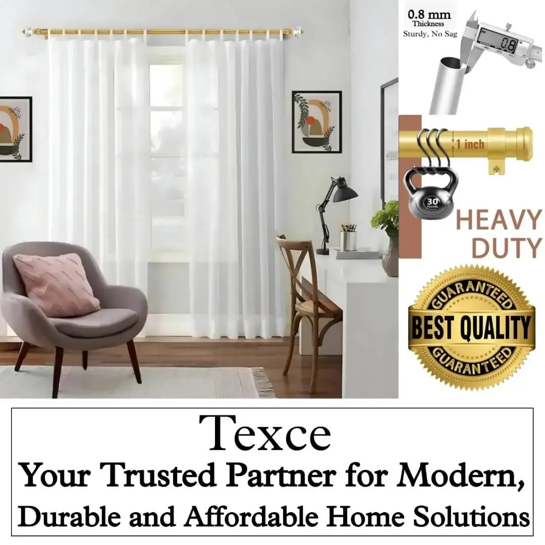 best adjustable curtain rod 12 feet best adjustable curtain rod 12 feet - Four panel showcase: (1) Stylish living room with flowing white curtains on a 6 ft adjustable curtain rod with single seater and art, (2) Stress test proving no bend under heavy weights, (3) Close-up of 1-inch diameter and 0.8 mm thick sturdy pole (no sag), (4) Text overlay: 'Best quality guaranteed—Texce: modern, durable, affordable home décor solution.' Combines elegance and industrial strength