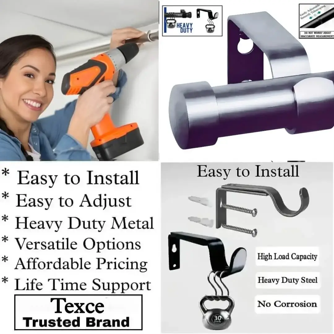 curtain rod with sturdy center bracket curtain rod with sturdy center bracket - Three-panel showcase: (1) DIY girl installing a curtain rod with a drill, (2) elegant end cap curtain rod design grey colour, and (3) close-up of heavy-duty steel brackets. Overlay text highlights: ‘Easy to install, corrosion-proof steel, versatile styles, affordable pricing, lifetime support, and Texce—a trusted brand