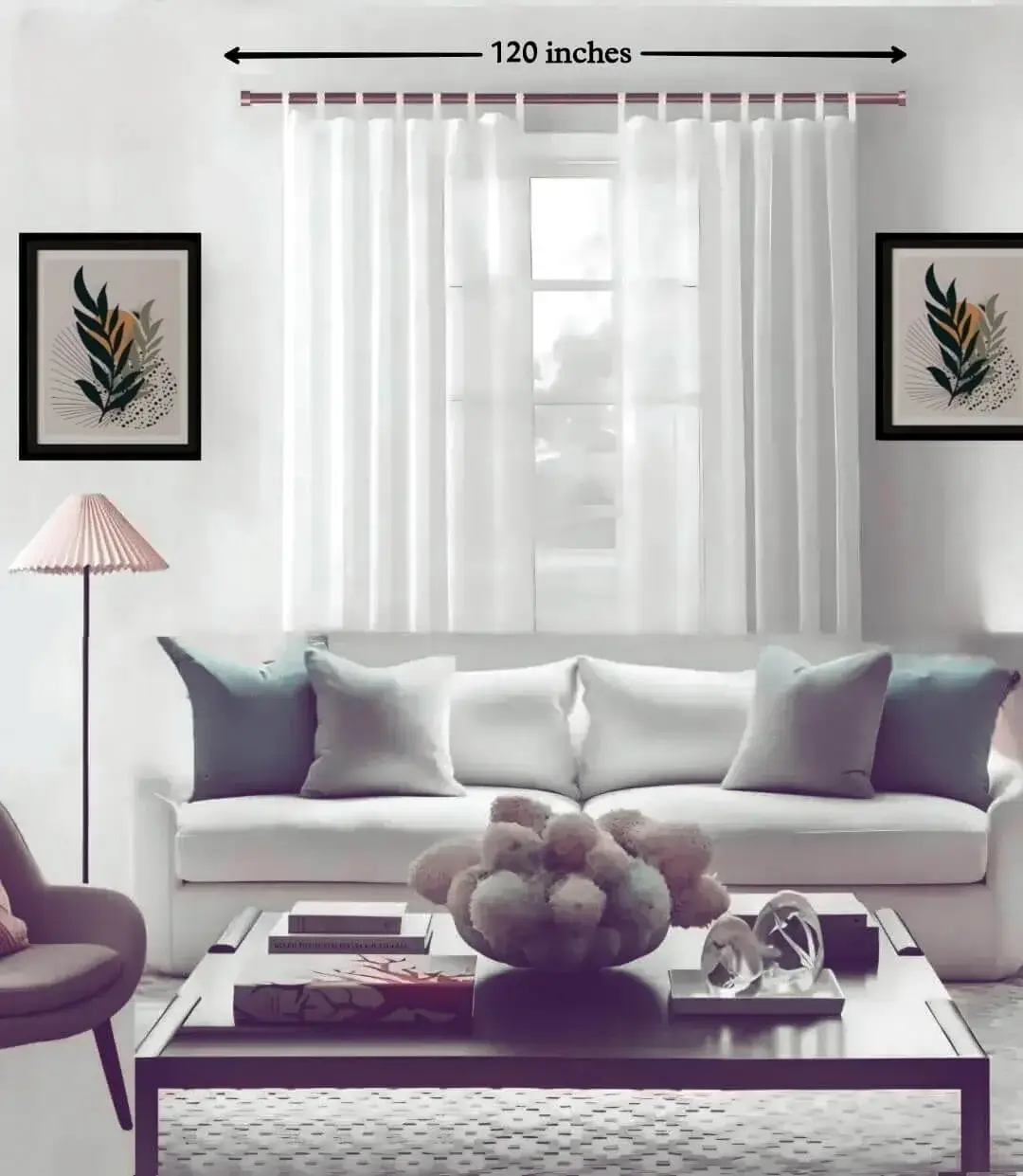 10 feet extendable curtain rod 10 feet extendable curtain rod - Stylish living room with flowing curtains on a adjustable curtain rod 120 inches set pink gold colour, paired with a cozy sofa set, vibrant cushions, and wall paintings—creating a chic, inviting ambiance. Text highlight '120 inches'