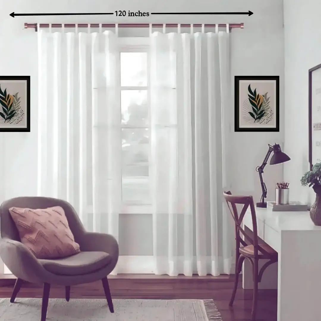pink gold curtain rod for living room 120 inch heavy duty curtain rod - Stylish living room with flowing sheer curtains on a pink gold colour adjustable curtain rod 10 foot (120 inches) set, paired with a single seater, and a table —creating a chic, inviting ambiance. Text highlight '120 inches'