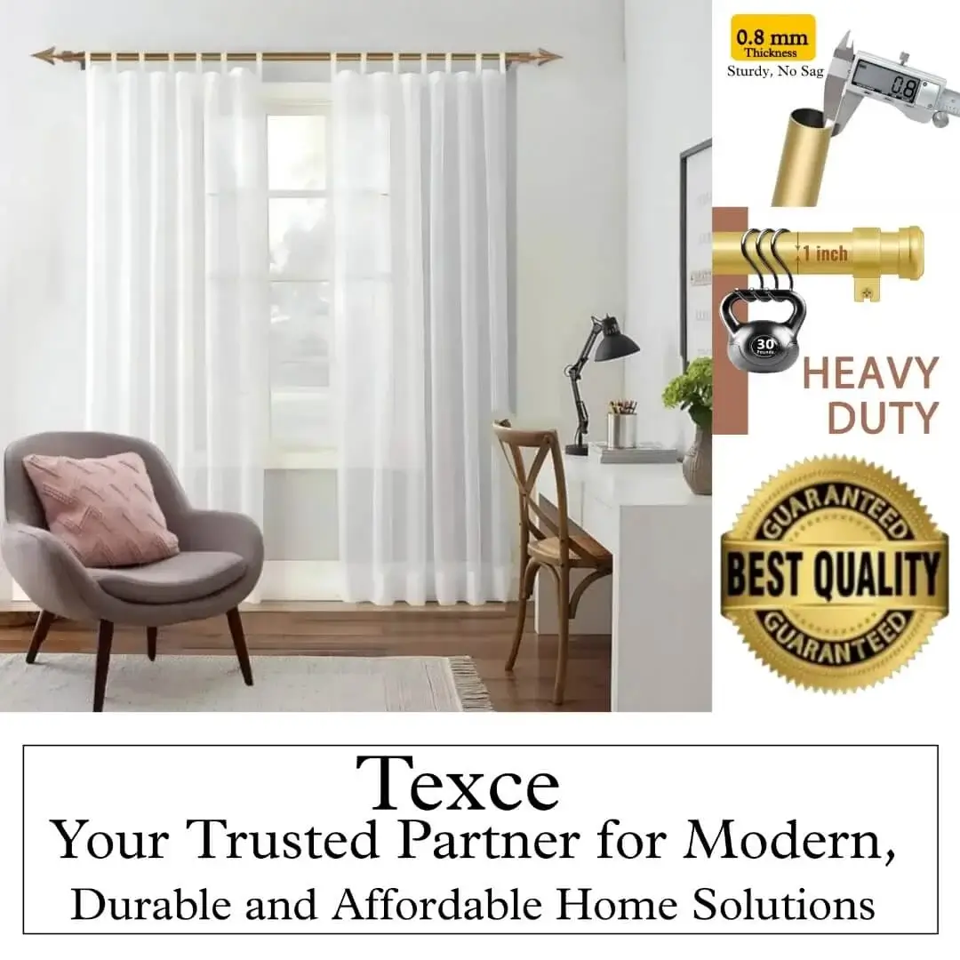 quality-curtain-pole.webp best adjustable curtain rod set - Stylish flowing curtains on a window, hung from a heavy-duty 0.8mm thick curtain rod. Text overlay highlights: 'Best quality guaranteed - Texce, your trusted partner for modern, durable and affordable home solutions