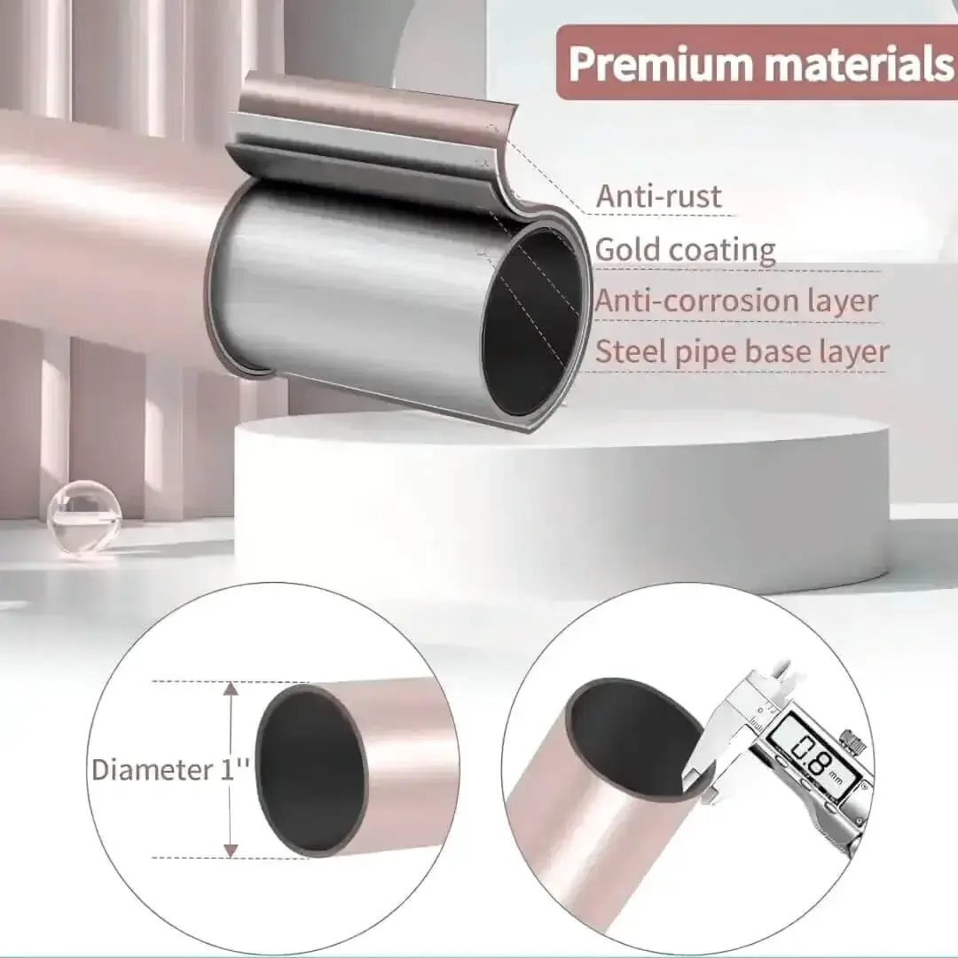 rust proof curtain pipe Close-up of curtain rod pole with highlighted text: 'Anti-rust coating, 0.8mm thickness, 1-inch diameter' - showcasing durable construction for long-lasting performance