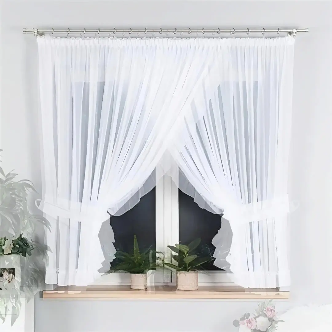 curtain rod for flat curtain rod for flat - curtain rod for window - Stylish white pencil pleat curtains in lightweight voile fabric, gracefully hung on sleek gray curtain rods to frame a cozy bedroom window in a flat. The sheer material softly filters sunlight, creating a serene and chic ambiance—perfect for modern minimalist interiors of a flat.