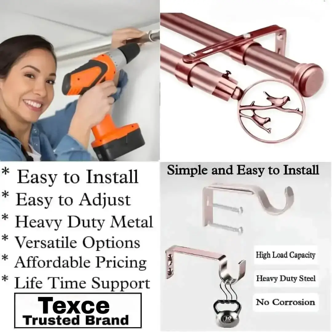 adjustable double curtain rod set with center support adjustable double curtain rod set with center support - Three-panel showcase: (1) DIY girl installing a curtain rod with a drill, (2) elegant curtain rod with leaf finial, and (3) close-up of heavy-duty steel brackets. Overlay text highlights: ‘Easy to install, corrosion-proof steel, versatile styles, affordable pricing, lifetime support, and Texce—a trusted brand