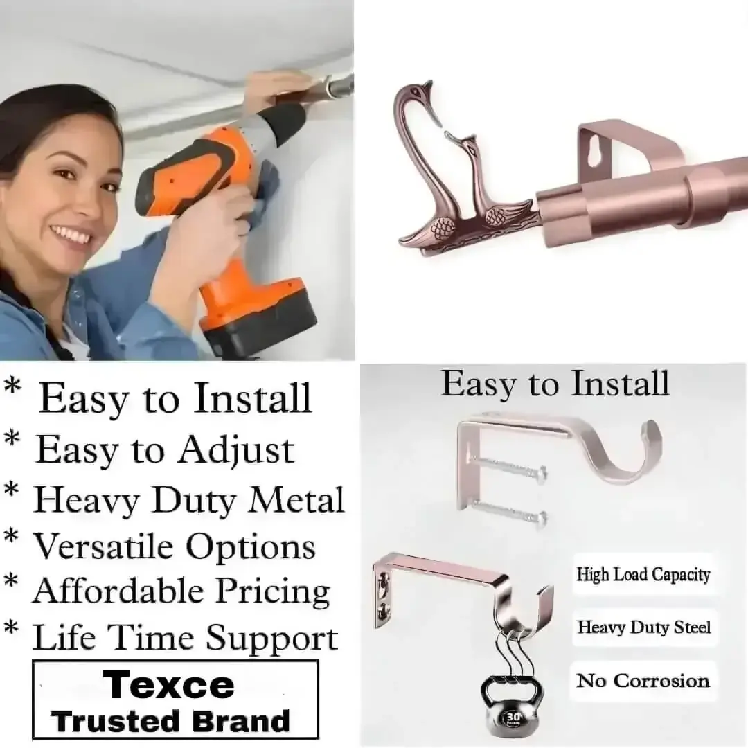 curtain rod with centre support curtain rod with centre support - Three-panel showcase: (1) DIY girl installing a curtain rod with a drill, (2) elegant flower-shaped finial rod design, and (3) close-up of heavy-duty steel brackets. Overlay text highlights: ‘Easy to install, corrosion-proof steel, versatile styles, affordable pricing, lifetime support, and Texce—a trusted brand