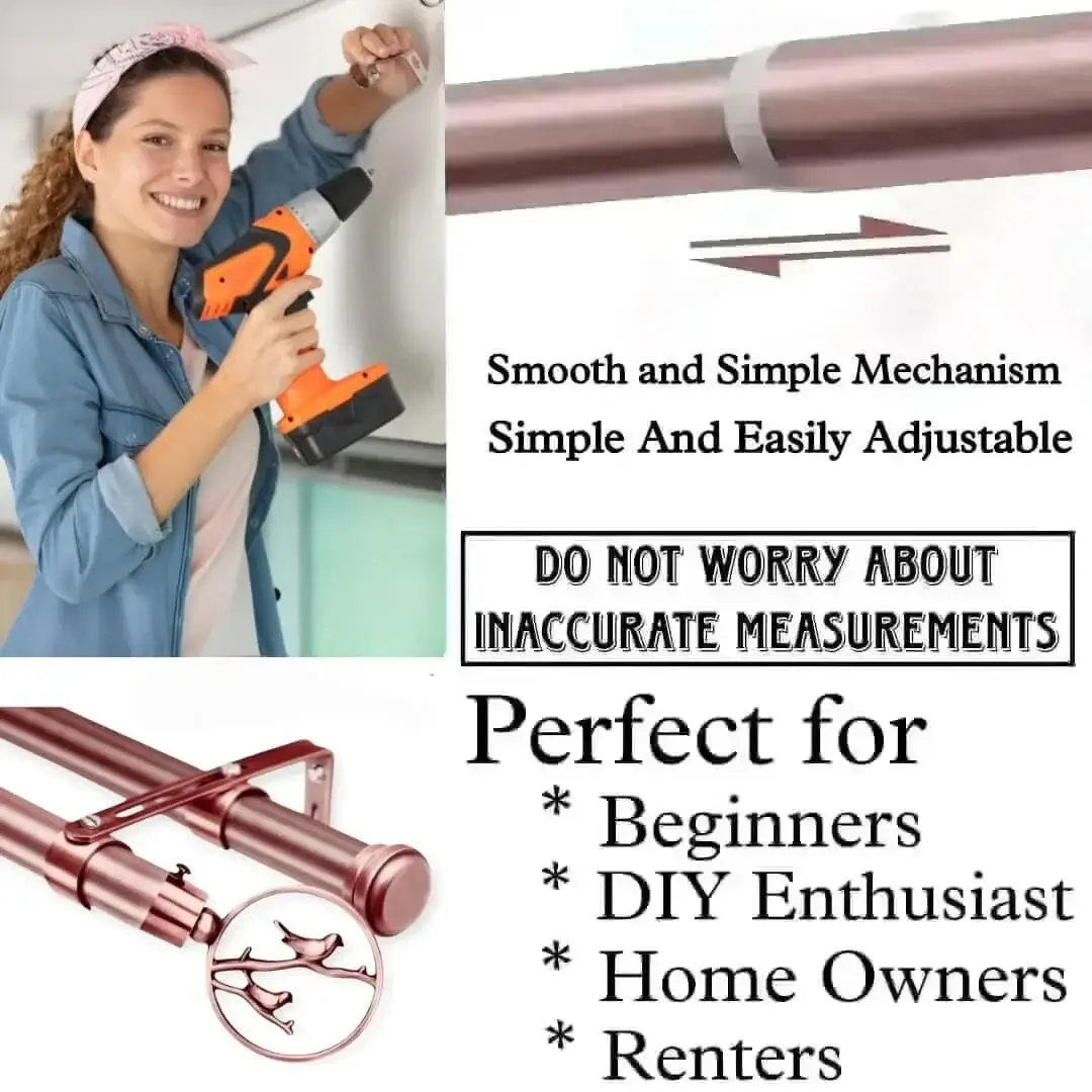extendable double curtain rod set extendable double curtain rod set - showcase, DIY girl installing curtain rods with a drill—text highlights ‘Perfect for DIY enthusiasts, Apartments, renters, beginners, home owners !’ Features smooth telescoping rods, and easily adjustable design so you never worry about inaccurate measurements