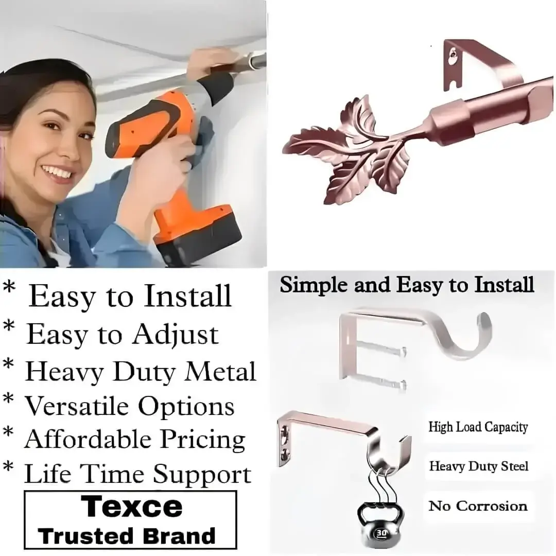 curtain rod with brackets curtain rod with brackets - Three-panel showcase: (1) DIY girl installing a curtain rod with a drill, (2) elegant end cap curtain rod design, and (3) close-up of heavy-duty steel brackets. Overlay text highlights: ‘Easy to install, corrosion-proof steel, versatile styles, affordable pricing, lifetime support, and Texce—a trusted brand