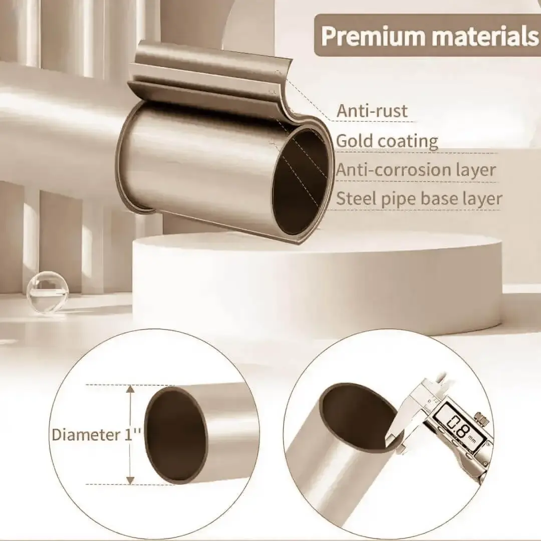 rust proof curtain rod Close-up of brown curtain rod with highlighted text: 'Anti-rust coating, 0.8mm thickness, 1-inch diameter' - showcasing durable construction for long-lasting performance