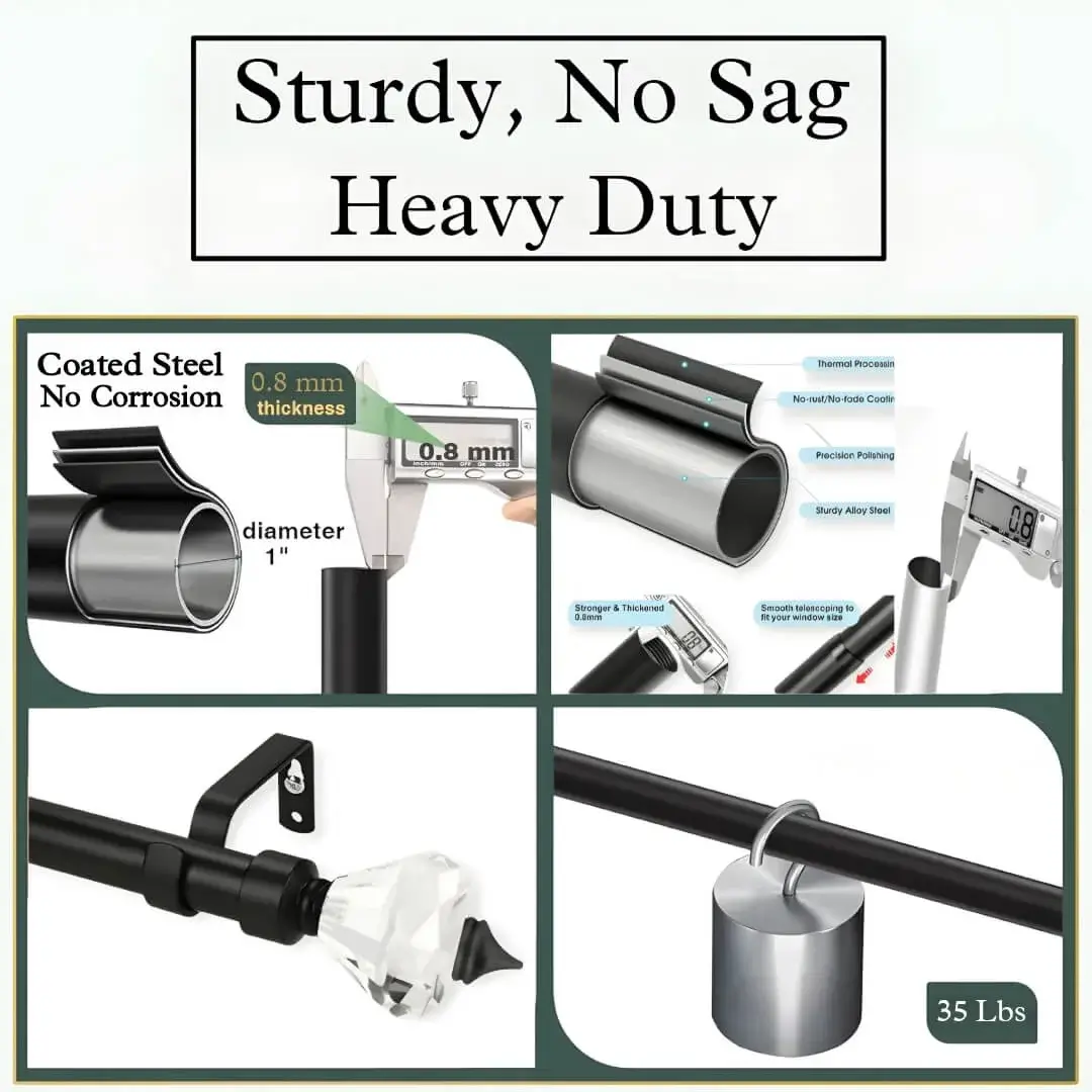 strong extendable curtain rod strong extendable curtain rod, Composite image showcasing three features of a premium curtain rod: 1) Close-up of the pole highlighting 'Anti-rust coating, 0.8mm thickness, 1-inch diameter' for durable construction. 2) A strength demonstration, holding heavy weight with text '35 lbs load capacity'. 3) The elegant final product: a black curtain rod with a crystal finial.
