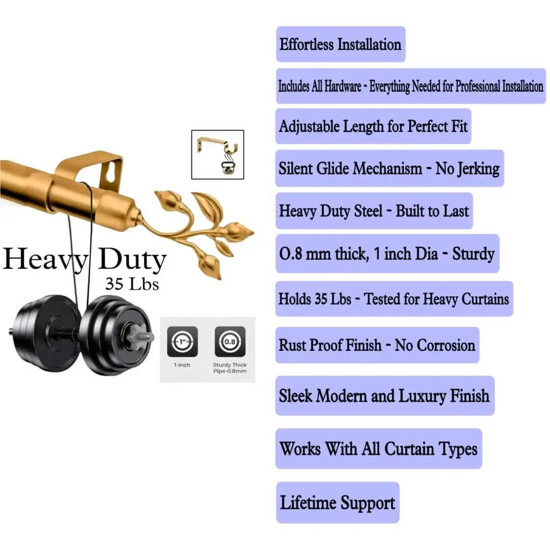 curtain rod heavy duty curtain rod heavy duty - showcase, Gold curtain rod stress-tested holding 35 lbs of weight, proving heavy-duty performance. Text highlights: 'Effortless installation (all hardware included), adjustable length, silent glide mechanism, 0.8mm thick steel (1-inch diameter), rust-proof finish. Sleek modern design works with all curtain types—backed by lifetime support