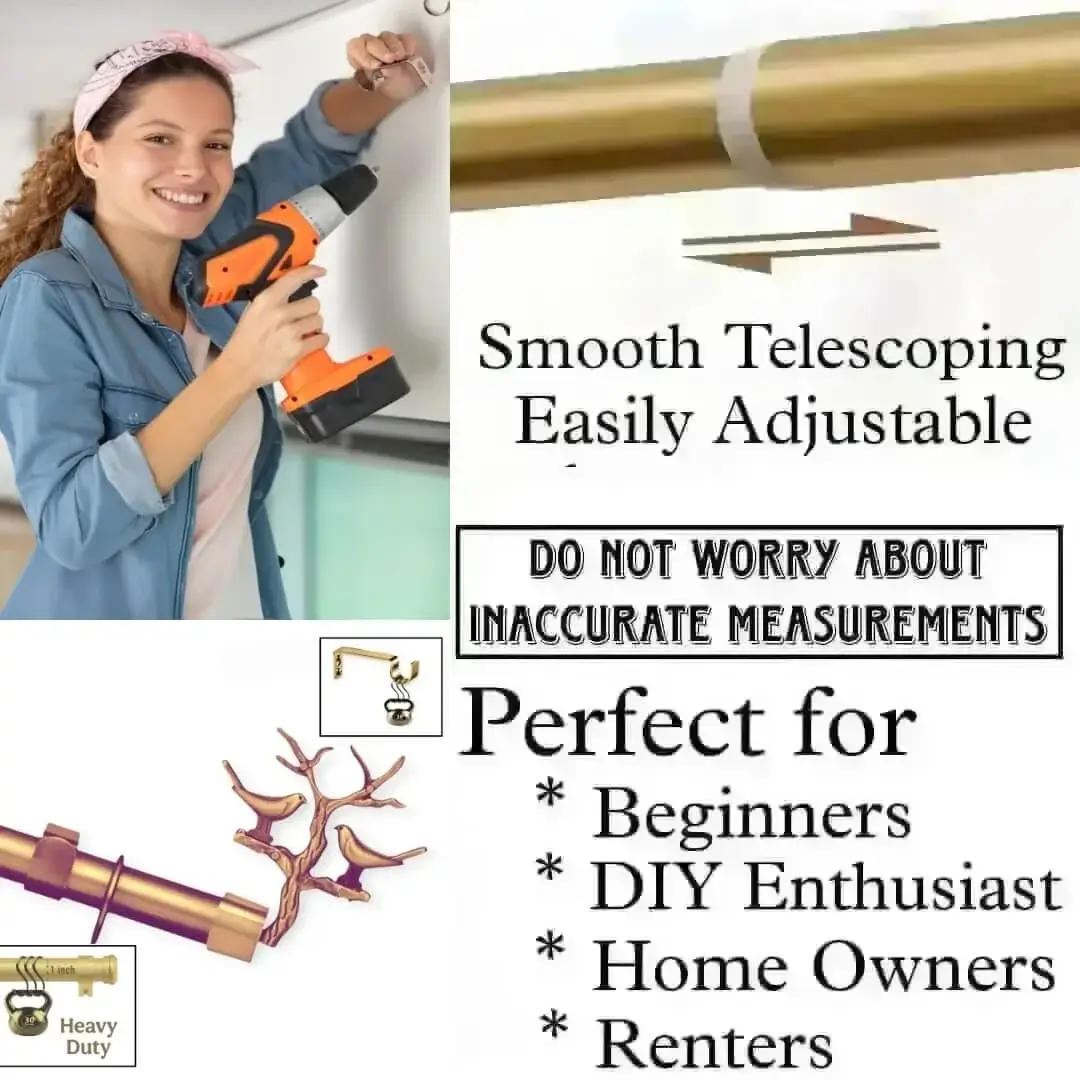 gold extendable curtain rod adjustable gold curtain rod - DIY girl installing curtain brackets with a drill—text highlights ‘Perfect for beginners, DIY enthusiasts, homeowners and renters!’ Features smooth telescoping rods, and easily adjustable design so you never worry about inaccurate measurements