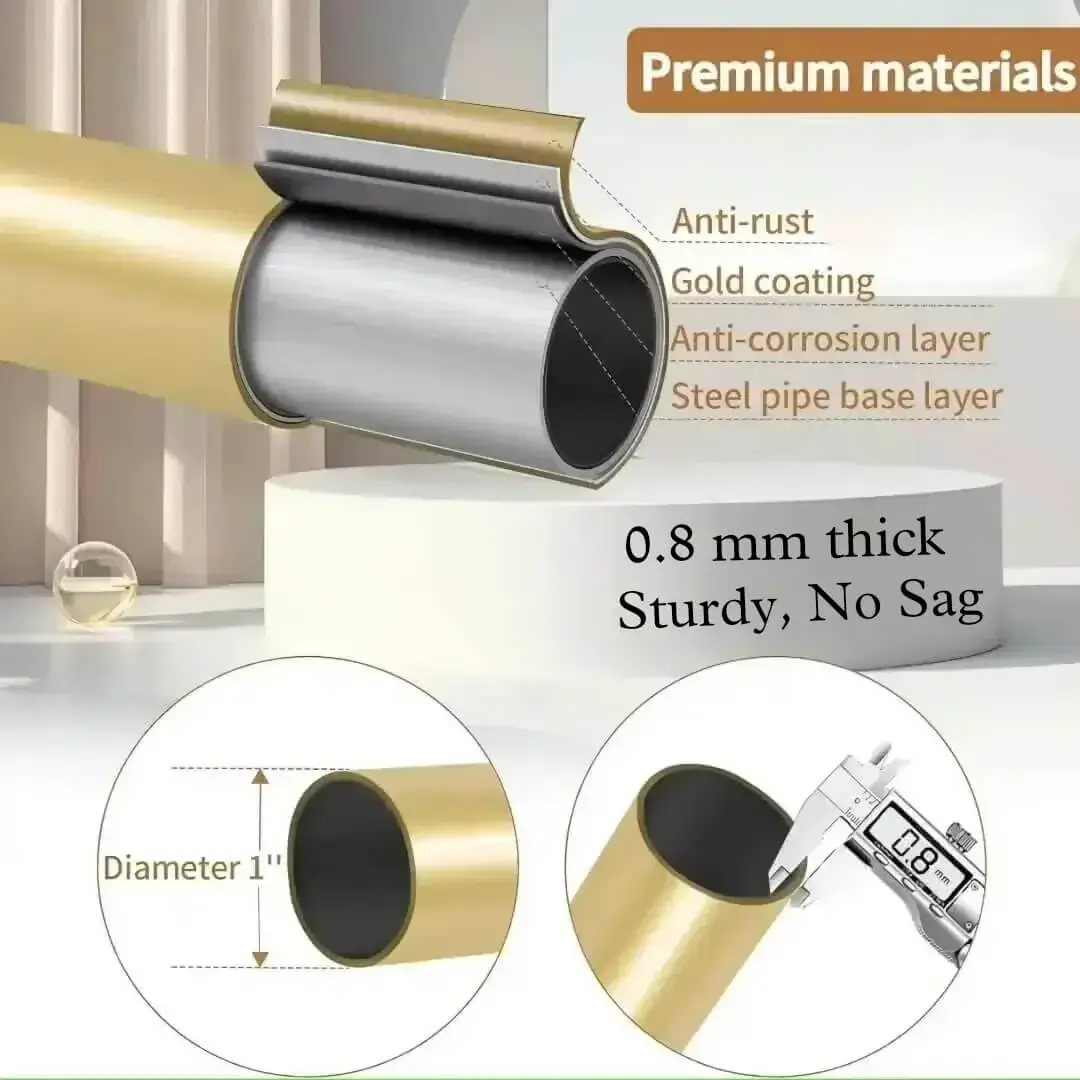 rust free gold curtain rod Premium gold curtain rod with highlighted text: 'Anti-Rust, 0.8mm Thick, 1-Inch Diameter - Sturdy & No Sag.' Showcases durable, elegant construction for heavyweight curtains