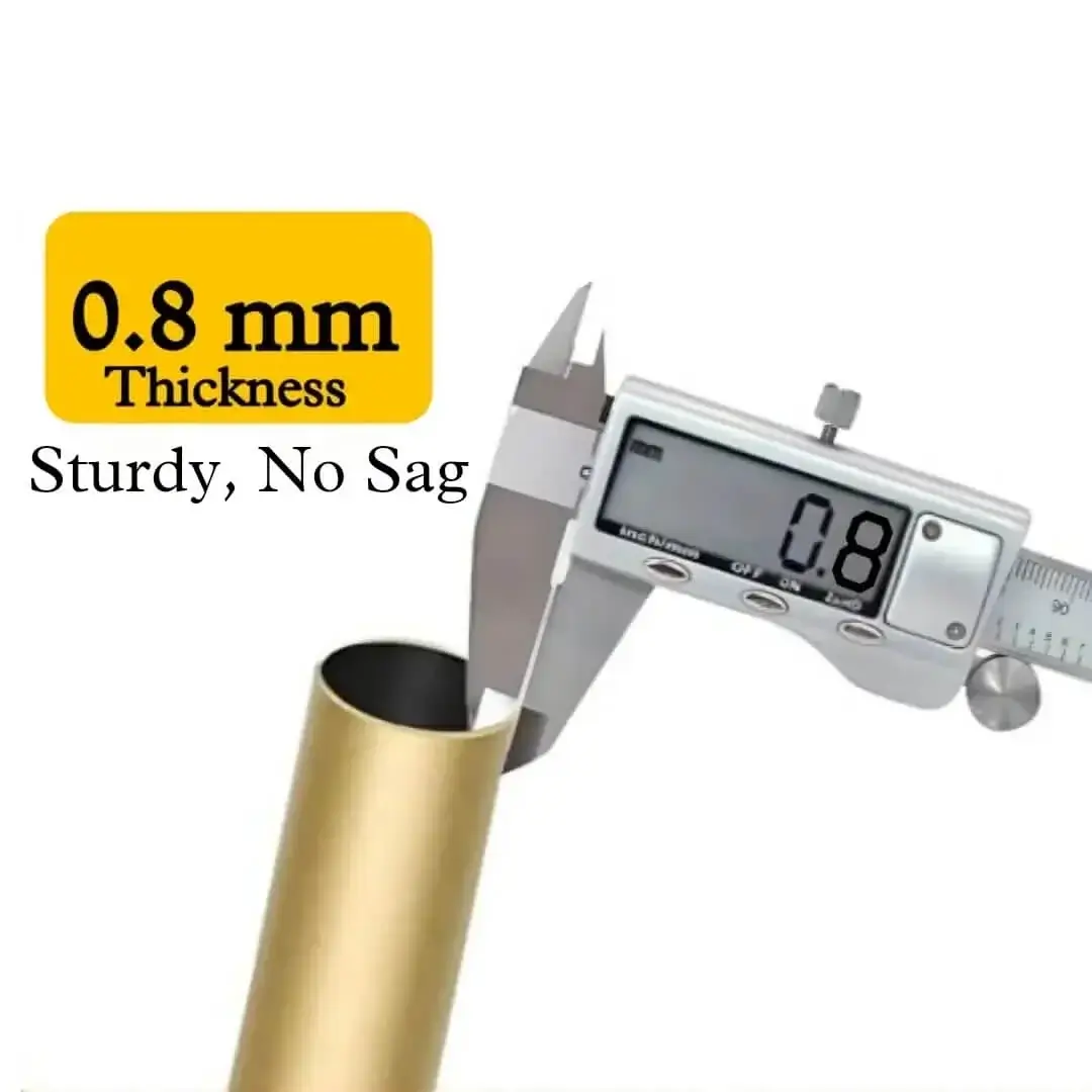 0.8 mm thick gold curtain rod Close-up of a thick 0.8mm curtain rod pole with highlighted text: 'Sturdy and No Sag' - showcasing heavy-duty construction for reliable support