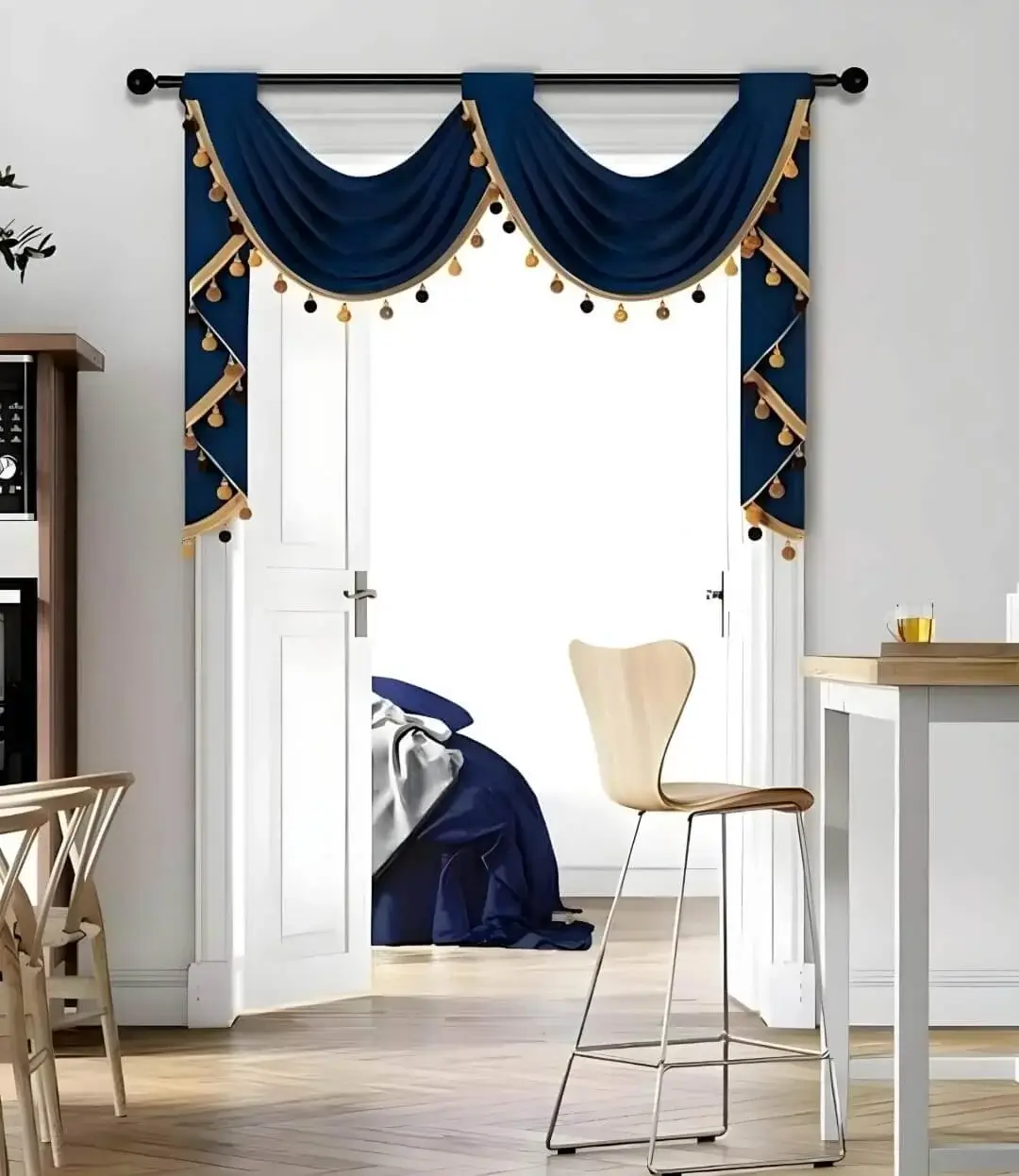 black curtain pole for living room black curtain pole for living room -Elegant valance curtain gracefully hanging from a sleek black curtain rod installed on a door, creating an airy and sophisticated look