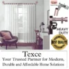 strong curtain rods for heavy curtains Elegant white voile curtains hanging on a heavy-duty rose curtain rod with bird motif finials in a living room. Overlay text highlights: ‘Premium quality guaranteed—Texce, your trusted partner for modern, durable, and affordable home décor solutions