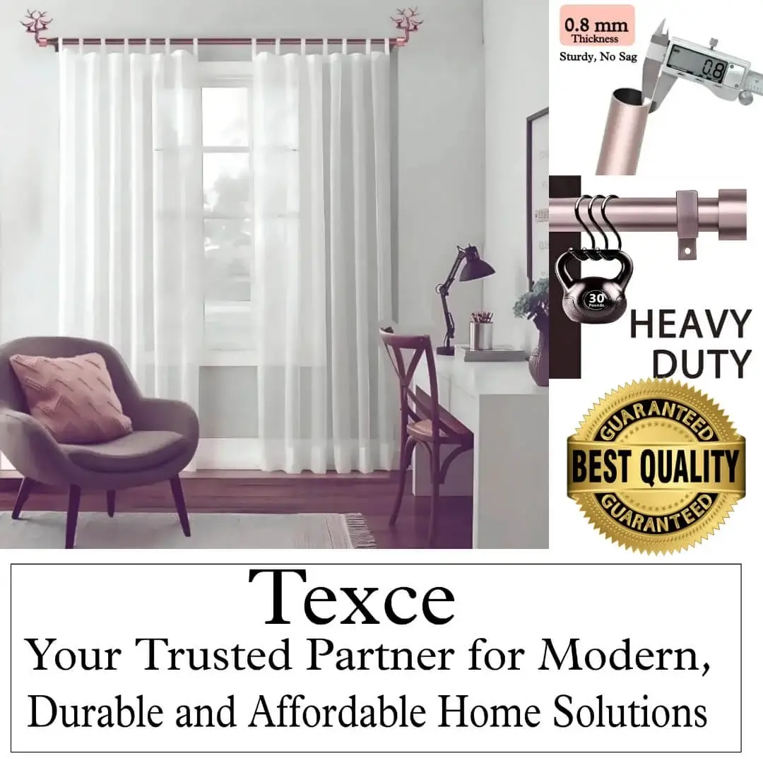 strong curtain rods for heavy curtains Elegant white voile curtains hanging on a heavy-duty rose curtain rod with bird motif finials in a living room. Overlay text highlights: ‘Premium quality guaranteed—Texce, your trusted partner for modern, durable, and affordable home décor solutions