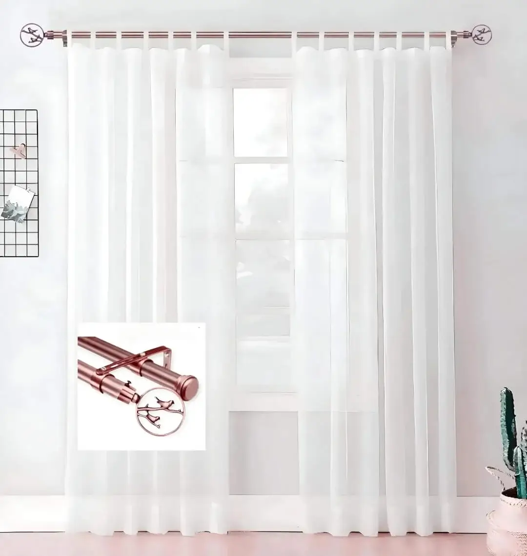 adjustable double curtain rod for window adjustable double curtain rod for window - Elegant sheer curtain gracefully hanging from a luxurious rose gold curtain rod with bird finial installed on a window, creating an airy and sophisticated look