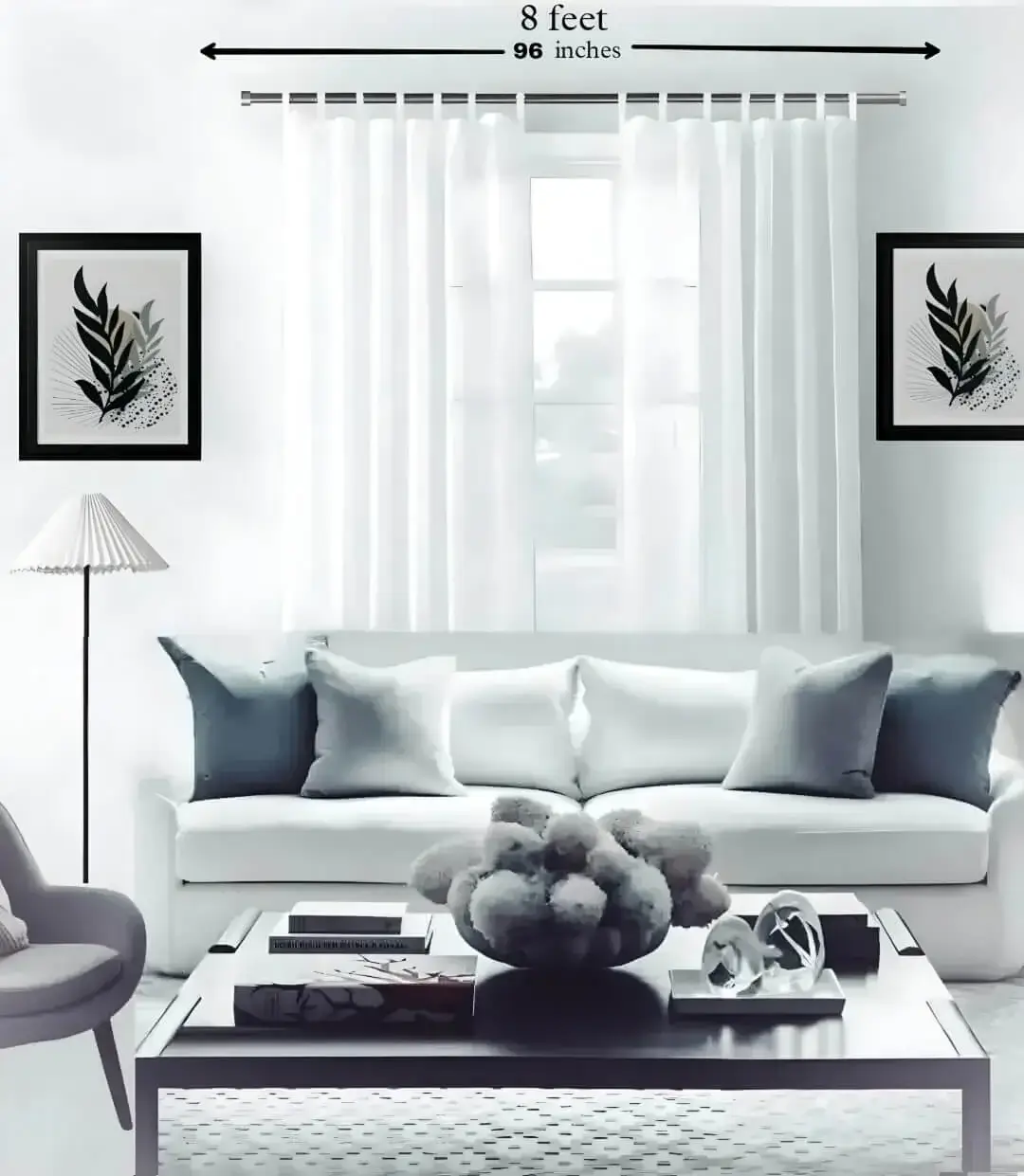 8 foot adjustable curtain rod - Stylish living room with flowing curtains on a 8 feet adjustable curtain rod paired with a cozy sofa set, vibrant cushions, and wall paintings—creating a chic, inviting ambiance. Text highlight '8 feet, 96 inches'