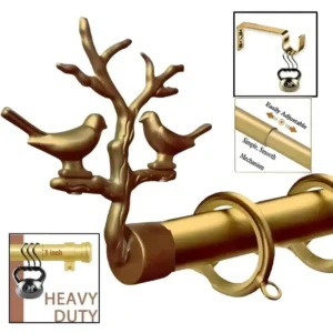 extendable gold curtain rod set - Gold curtain rod with bird-on-tree finials, featuring a sturdy bracket, heavy-duty construction, and an easily adjustable mechanism for a perfect fit.