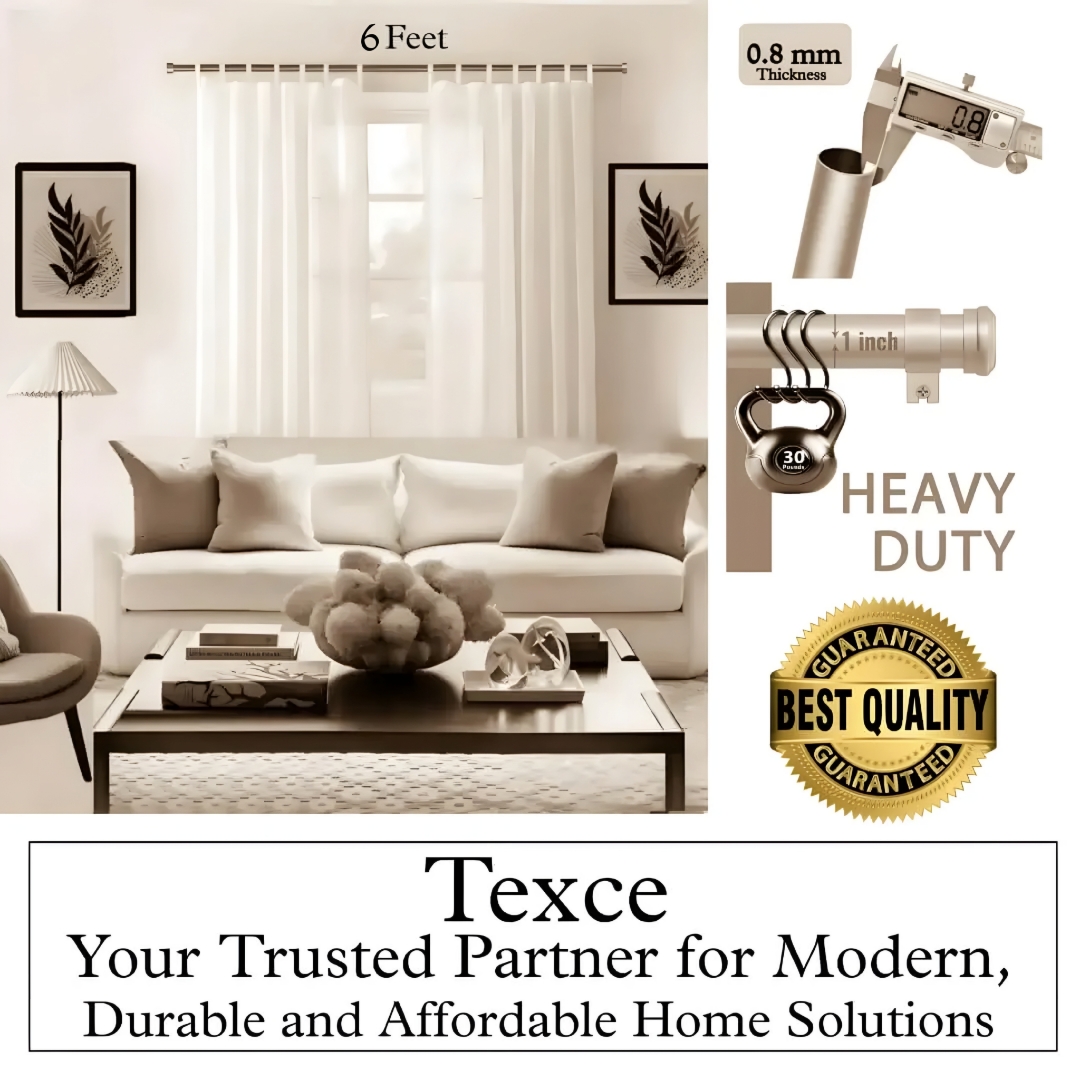 best parda pipe best screen pipe, Four-panel brown colour curtain rod showcase: (1) Stylish living room with flowing curtains on a 12 foot brown finish curtain rod with sofa and art, (2) Stress test proving no bend under heavy weights, (3) Close-up of 1-inch diameter sturdy pole (no sag), (4) Text overlay: 'Best quality guaranteed—Texce: modern, durable, affordable home décor.' Combines elegance and industrial strength