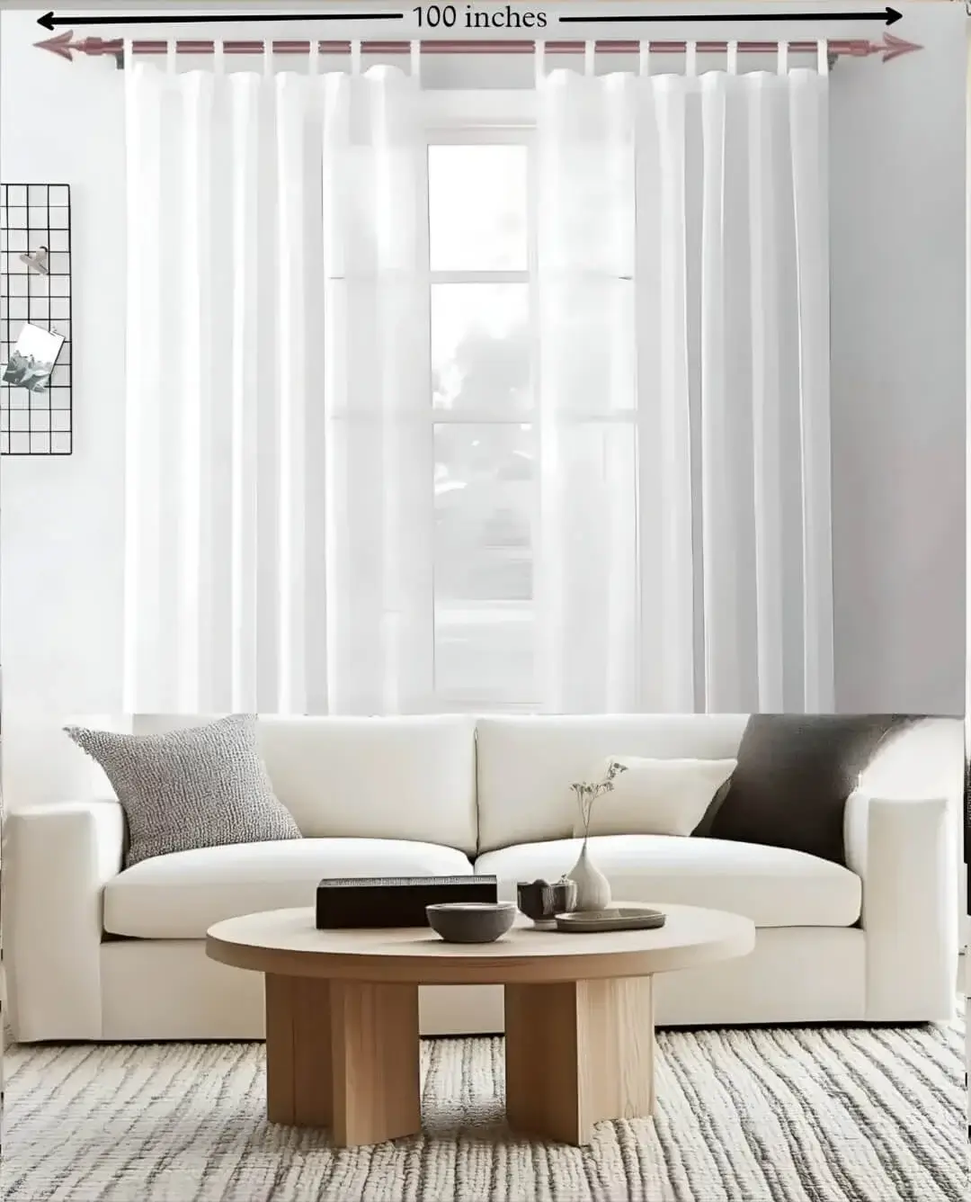 100 inch curtain rod 100 inch curtain rod - Stylish living room with flowing curtains on a 100 inch adjustable curtain rod rose gold colour, paired with a cozy sofa set, vibrant cushions, and wall paintings—creating a chic, inviting ambiance. Text highlight '100 inch'