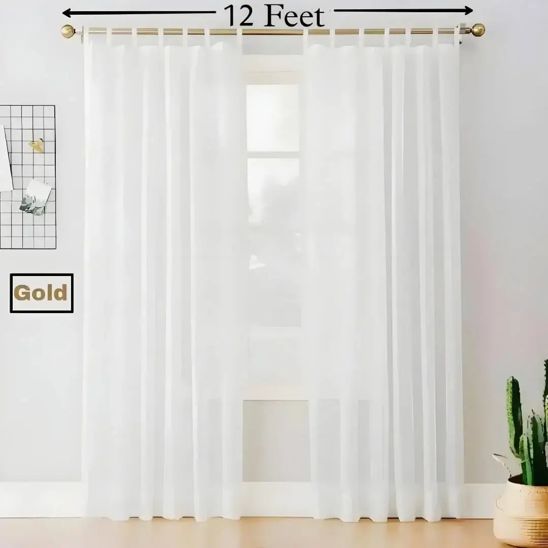 12 feet adjustable curtain rod set 12 feet adjustable curtain rod set -Stylish living room with flowing white curtains on a 12 feet adjustable curtain rod, paired with a single seater, and a table —creating a chic, inviting ambiance. Text highlight '12 feet' proving that this adjustable rod fits multiple window sizes