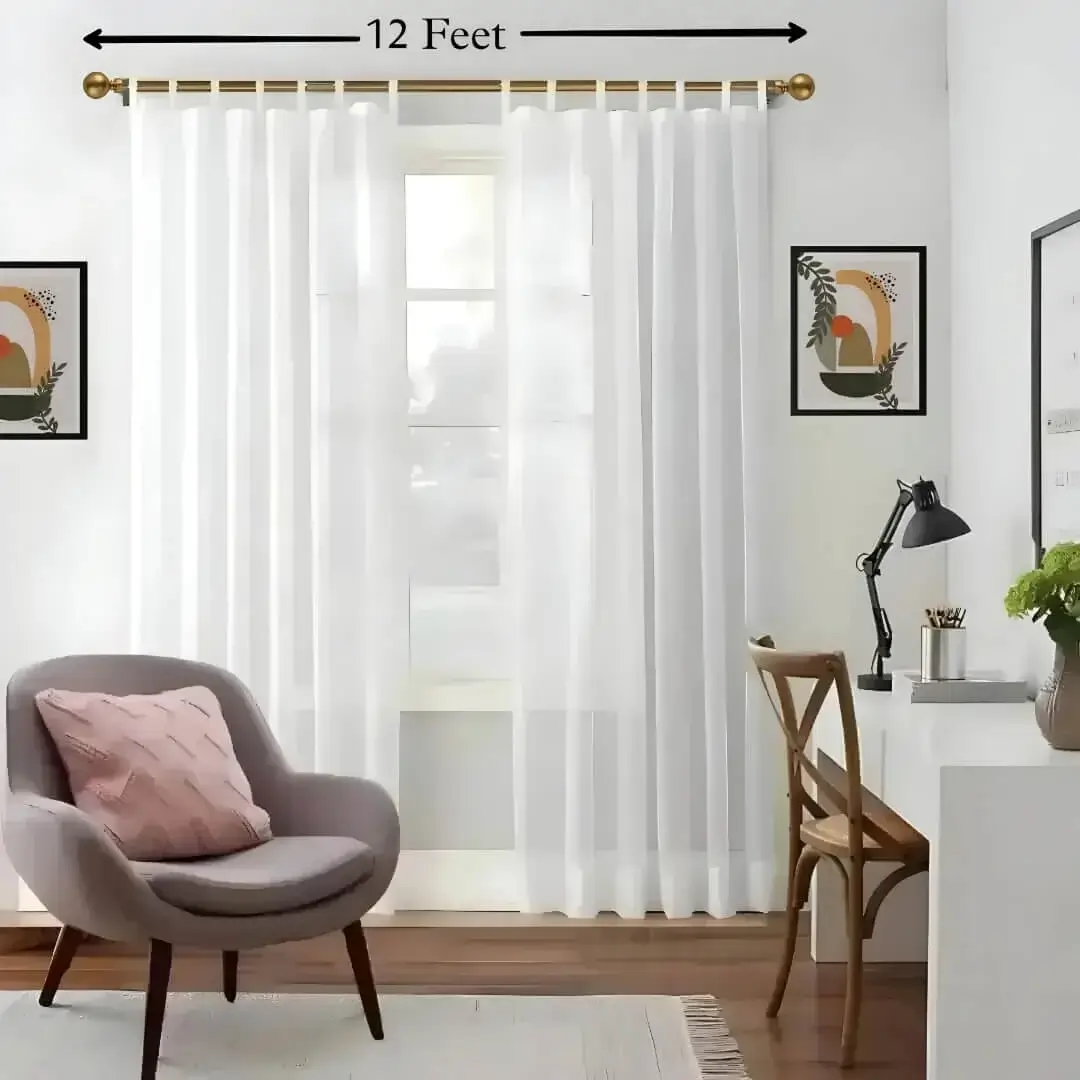 12 feet curtain rods 12 feet curtain rods -Stylish living room with flowing white curtains on a 12 feet adjustable curtain rod, paired with a single seater, and a table —creating a chic, inviting ambiance. Text highlight '80 inches' proving that this adjustable rod fits multiple window sizes