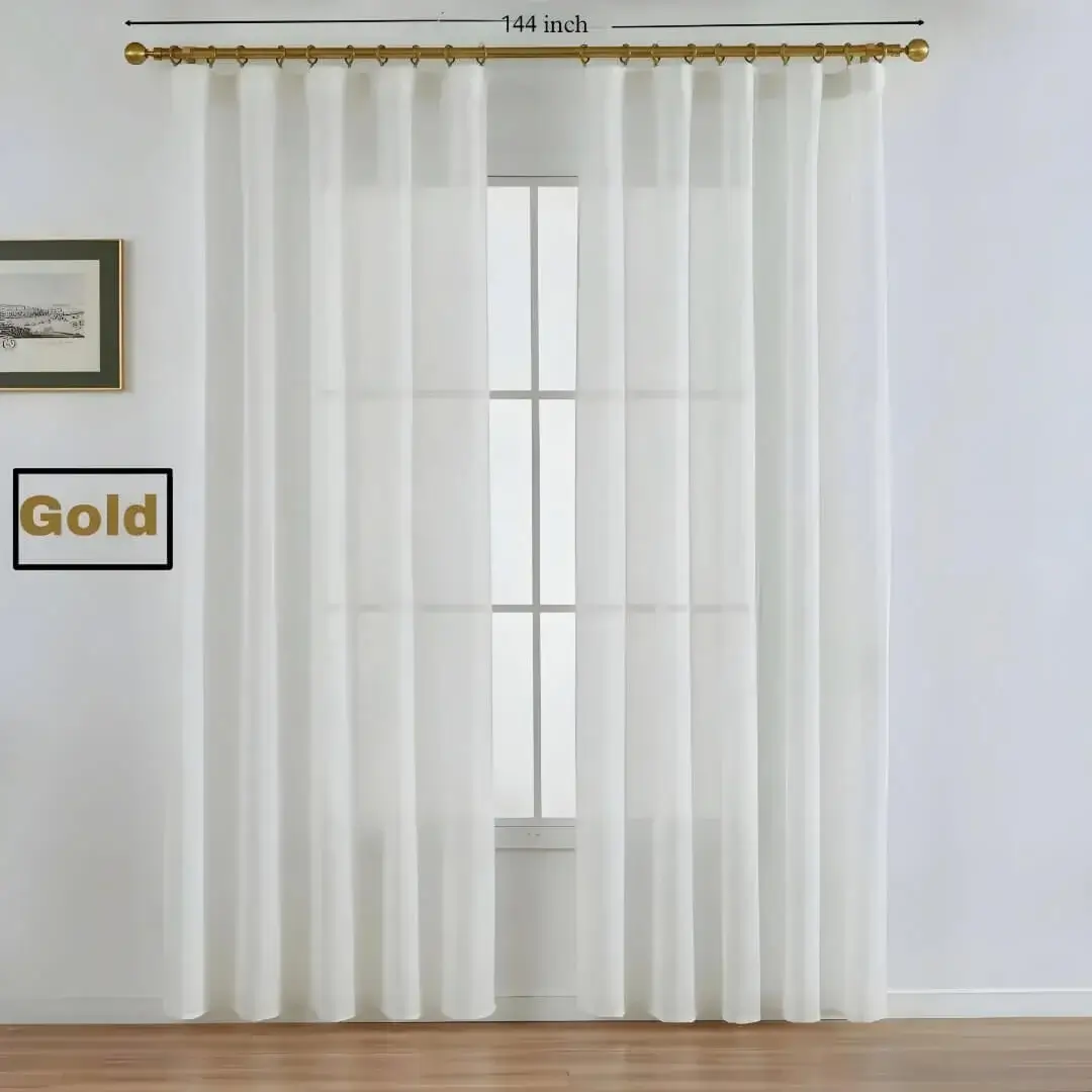 144 inch curtain rod 144 inch curtain rod -Stylish living room with flowing white curtains on a 12 feet adjustable curtain rod, paired with a single seater, and a table —creating a chic, inviting ambiance. Text highlight '80 inches' proving that this adjustable rod fits multiple window sizes