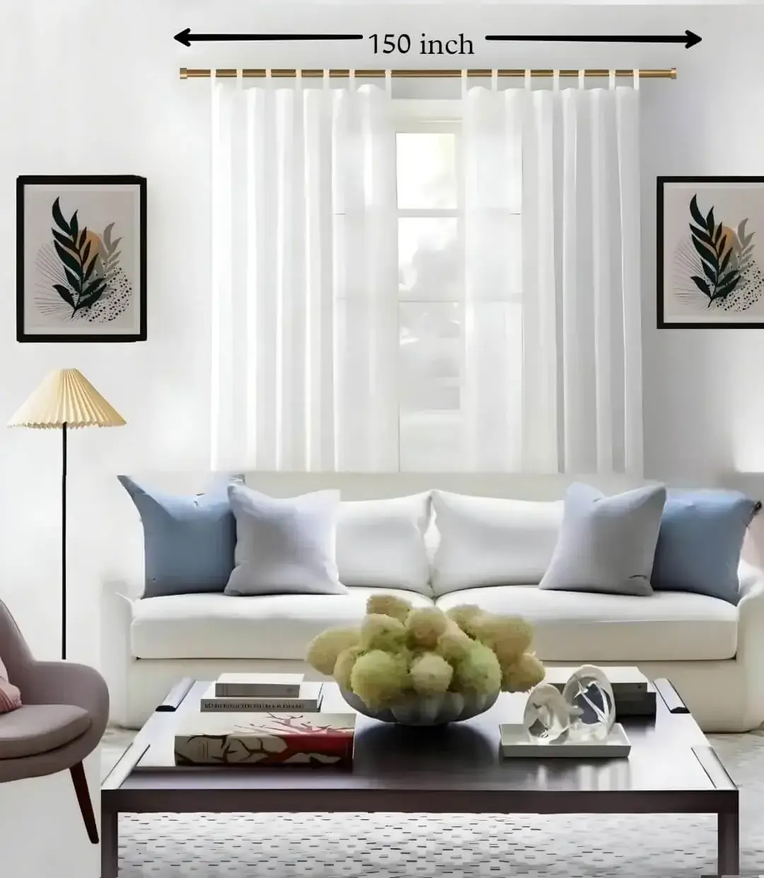 150 inch curtain rod set Stylish living room with flowing grommet curtains on adjustable curtain rod, paired with a cozy sofa set, vibrant cushions, and wall paintings—creating a chic, inviting ambiance