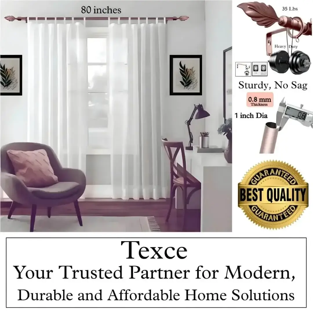 best 80 inch curtain rod best 80 inch curtain pole - showcase: (1) Stylish living room with flowing white sheer curtains on a 80 inch curtain pole heavy duty with single seater and art, (2) Stress test proving no bend under heavy weights, (3) Close-up of 1-inch diameter and 0.8 mm thick sturdy pole (no sag), (4) Text overlay: 'Best quality guaranteed—Texce: modern, durable, affordable home décor solution.' Combines elegance and industrial strength