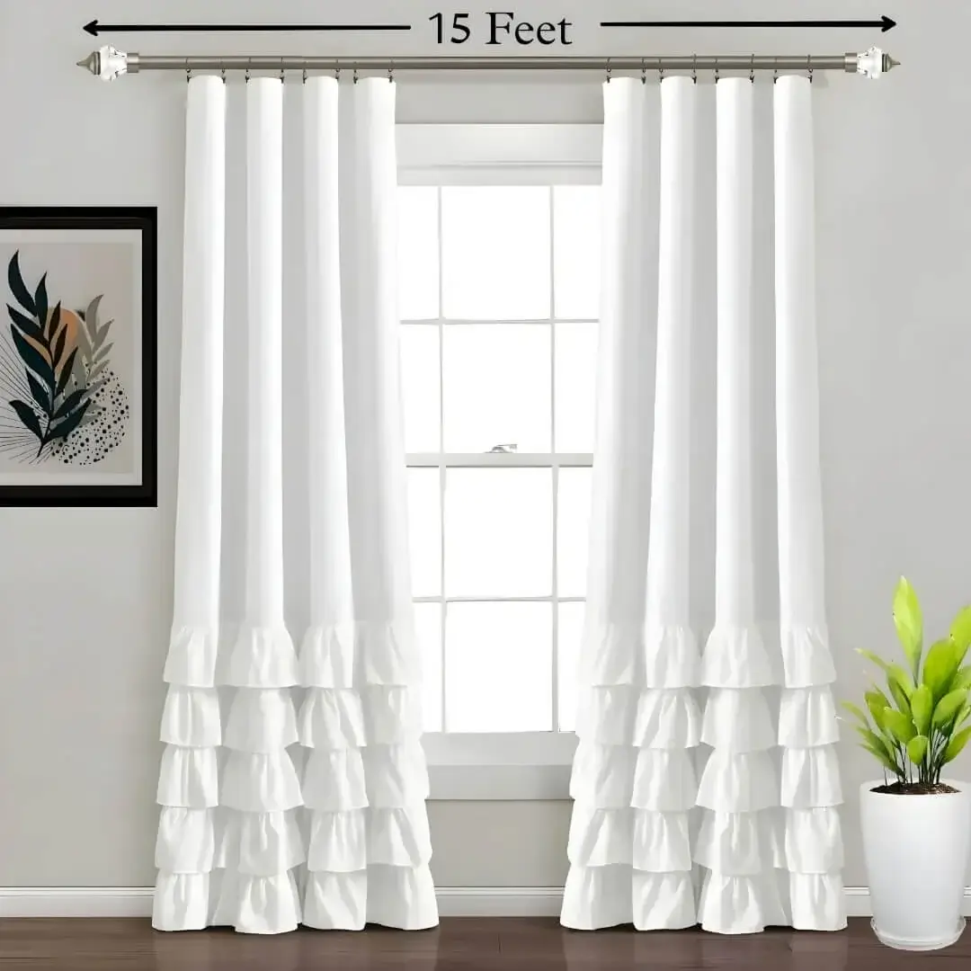 15 feet long extendable curtain rod set long extendable curtain rod 15 feet showcase - An 15 feet long extendable curtain rod with diamond ends installed in an living room. The sleek rod holds up elegant, floor-length white curtains, creating a modern and airy feel while filtering natural light for privacy. Text highlight '15 feet'