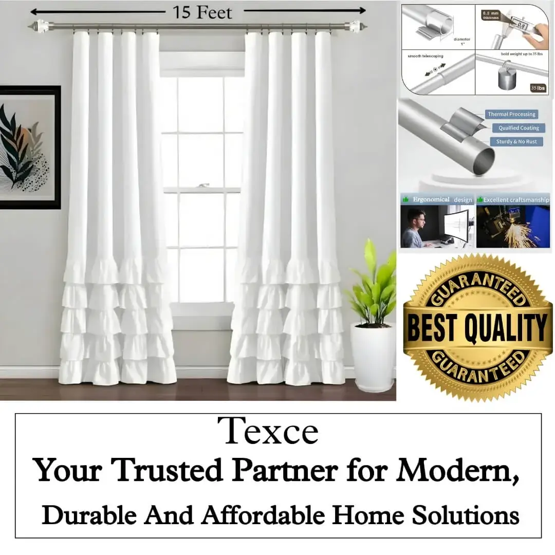 best curtain rods for long windows best curtain rods for large windows - showcase: (1) Stylish living room with flowing white curtains on a 15 feet curtain pole heavy duty with wall art, text highlight "15 feet" (2) Stress test proving no bend under heavy weights, (3) Close-up of 1-inch diameter and 0.8 mm thick sturdy pole (no sag), (4) Text overlay: 'Best quality guaranteed—Texce: modern, durable, affordable home décor solution.' Combines elegance and industrial strength