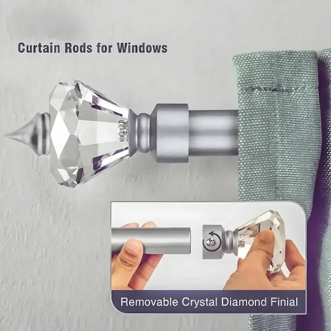 crystal finial curtain rod curtain rod with diamond ends- Closeup of a grey colour curtain rod with crystal diamond finial end