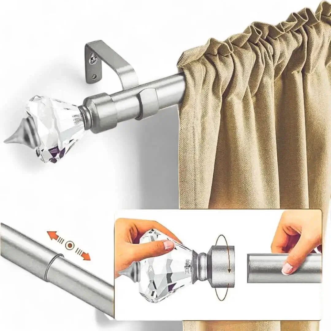 curtain rods with decorative finials curtain rods with decorative finials - Three-panel feature of a pocket curtain rod: 1) Beautiful pocket-style curtain hanging from a metallic grey curtain rod with crystal finial ends. 2) Adjustable curtain rod mechanism with 'easily adjustable' text highlight. 3) Demonstration of simple installation with 'easy to install, simple mechanism' highlight.