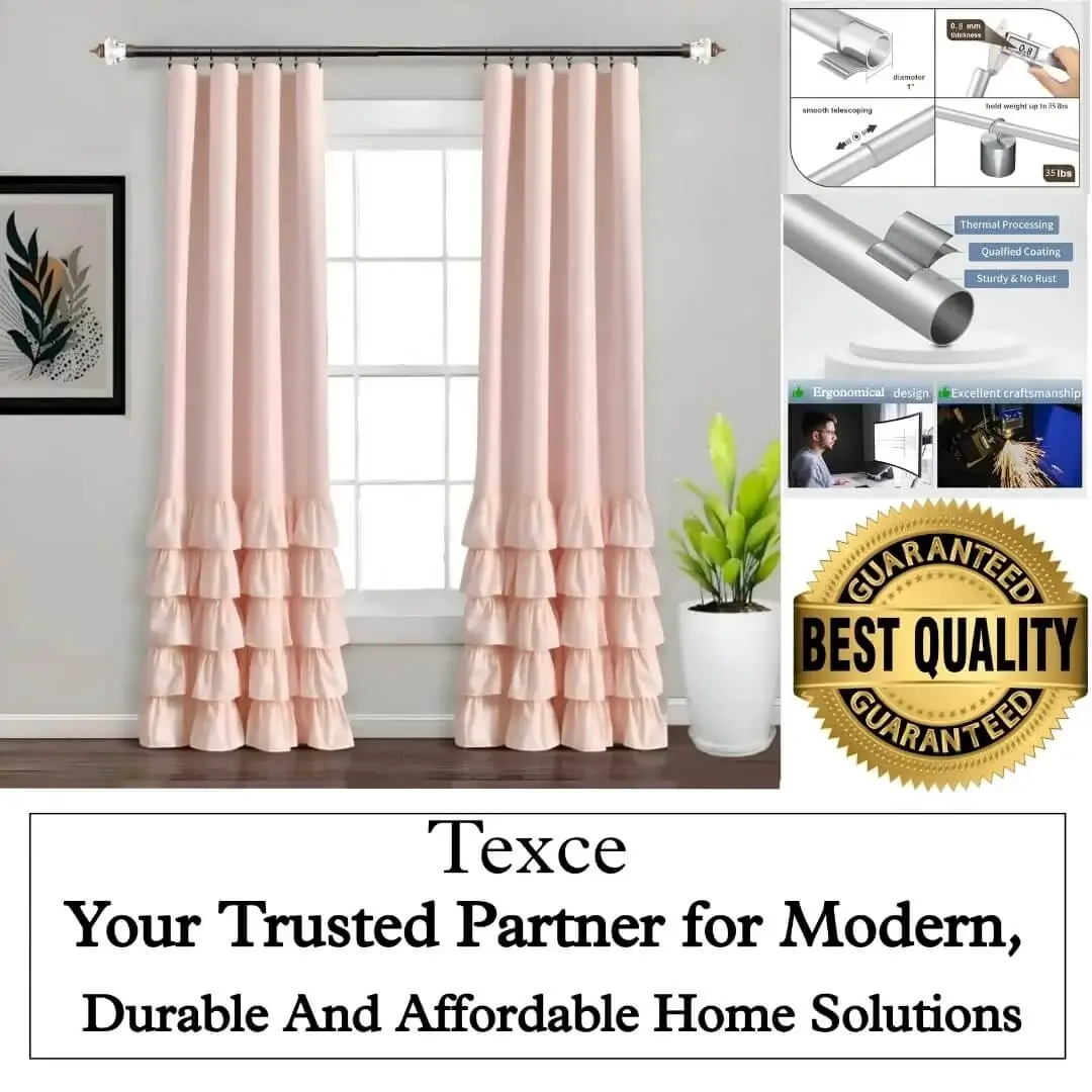 best curtain rod set best curtain rod set - showcase: (1) Stylish living room with flowing pink curtains on a 70 inch curtain pole heavy duty with wall art, text highlight "70 inch" (2) Stress test proving no bend under heavy weights, (3) Close-up of 1-inch diameter and 0.8 mm thick sturdy pole (no sag), (4) Text overlay: 'Best quality guaranteed—Texce: modern, durable, affordable home décor solution.' Combines elegance and industrial strength