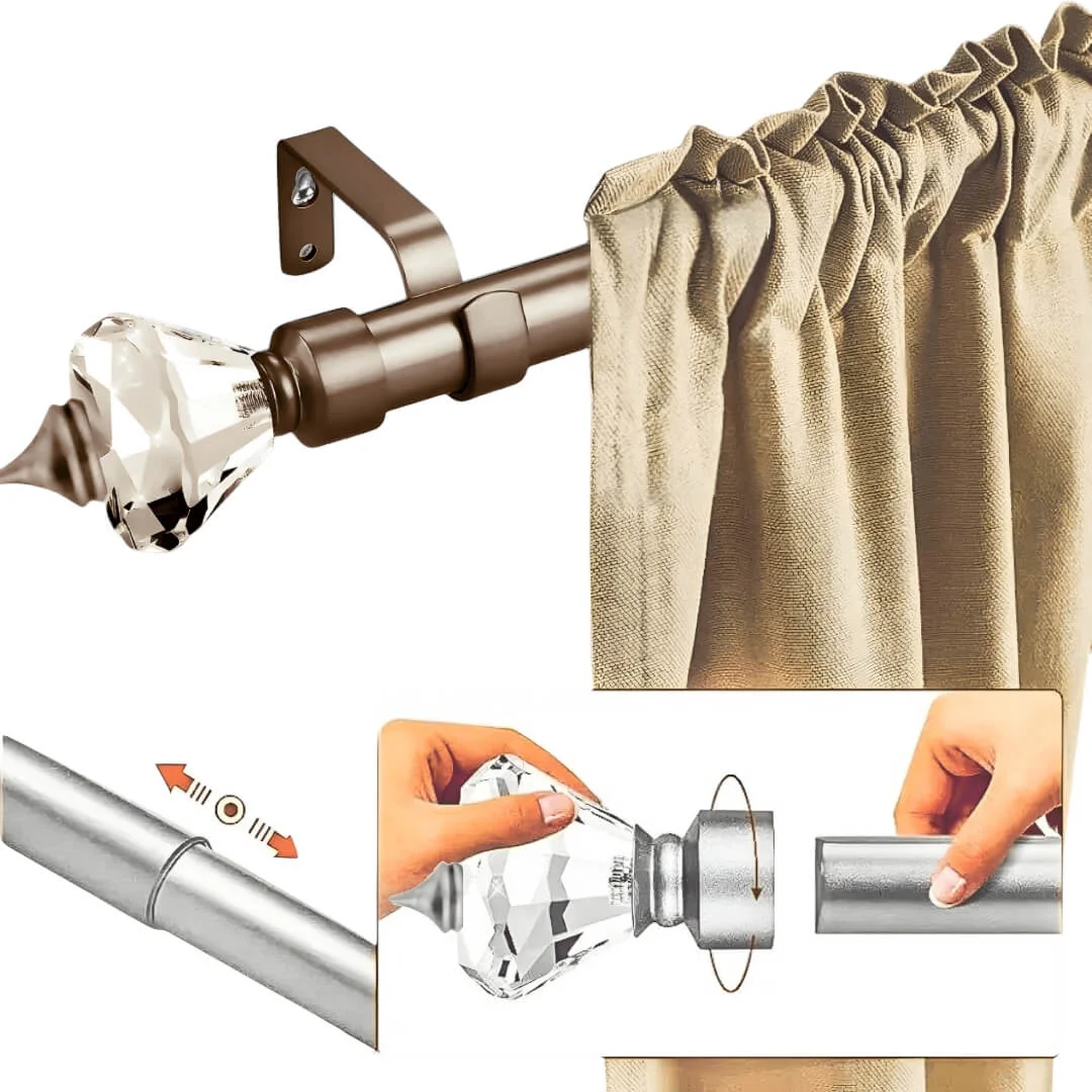 curtain rod with ends decorative curtain rods - Three-panel feature of a pocket curtain rod: 1) Beautiful pocket-style curtain hanging from a metallic brown curtain rod with crystal finial ends. 2) Adjustable curtain rod mechanism with 'easily adjustable' text highlight. 3) Demonstration of simple installation with 'easy to install, simple mechanism' highlight.