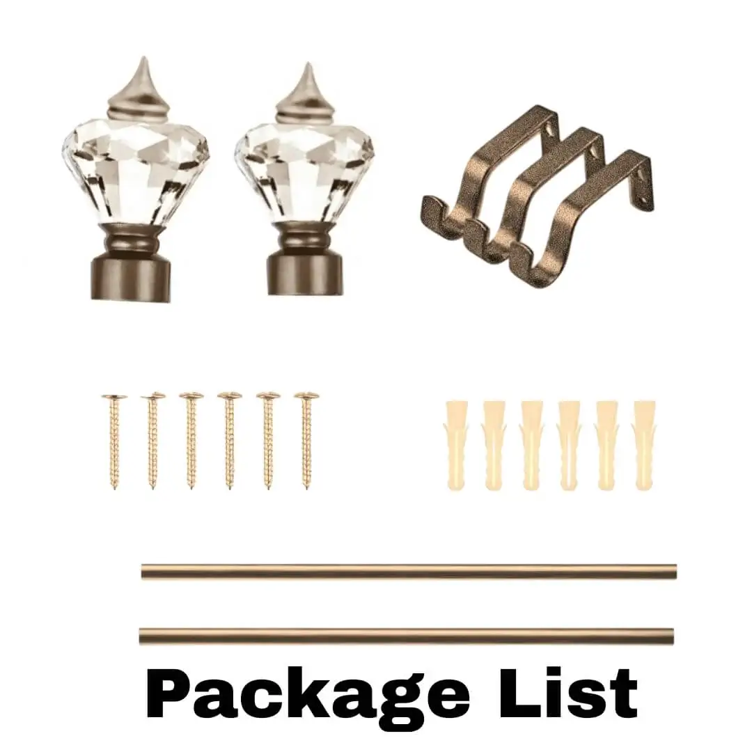 sliding curtain rod set sliding curtain rod set - showcase, complete drapery rod set with accessories displayed with all included components: 2 decorative finials, 3 heavy duty brackets, 1 rod, wall anchors, and screws. Text overlay lists the 'Package List,' showcasing everything needed for professional installation.
