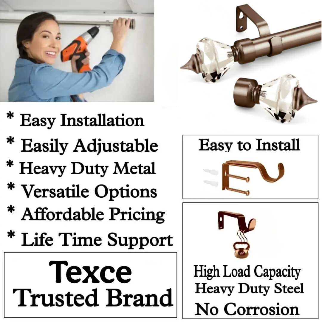 sliding curtain rod with brackets sliding curtain rod with brackets - Three-panel showcase: (1) DIY girl installing a curtain rod with a drill, (2) elegant gold colour curtain rod with crystal ends, and (3) close up of heavy duty steel holder. Overlay text highlights: ‘Easy to install, easily adjustable, heavy duty metal, versatile option, affordable pricing, life time support, heavy load capacity, heavy duty steel, no corrosion and Texce—a trusted brand.