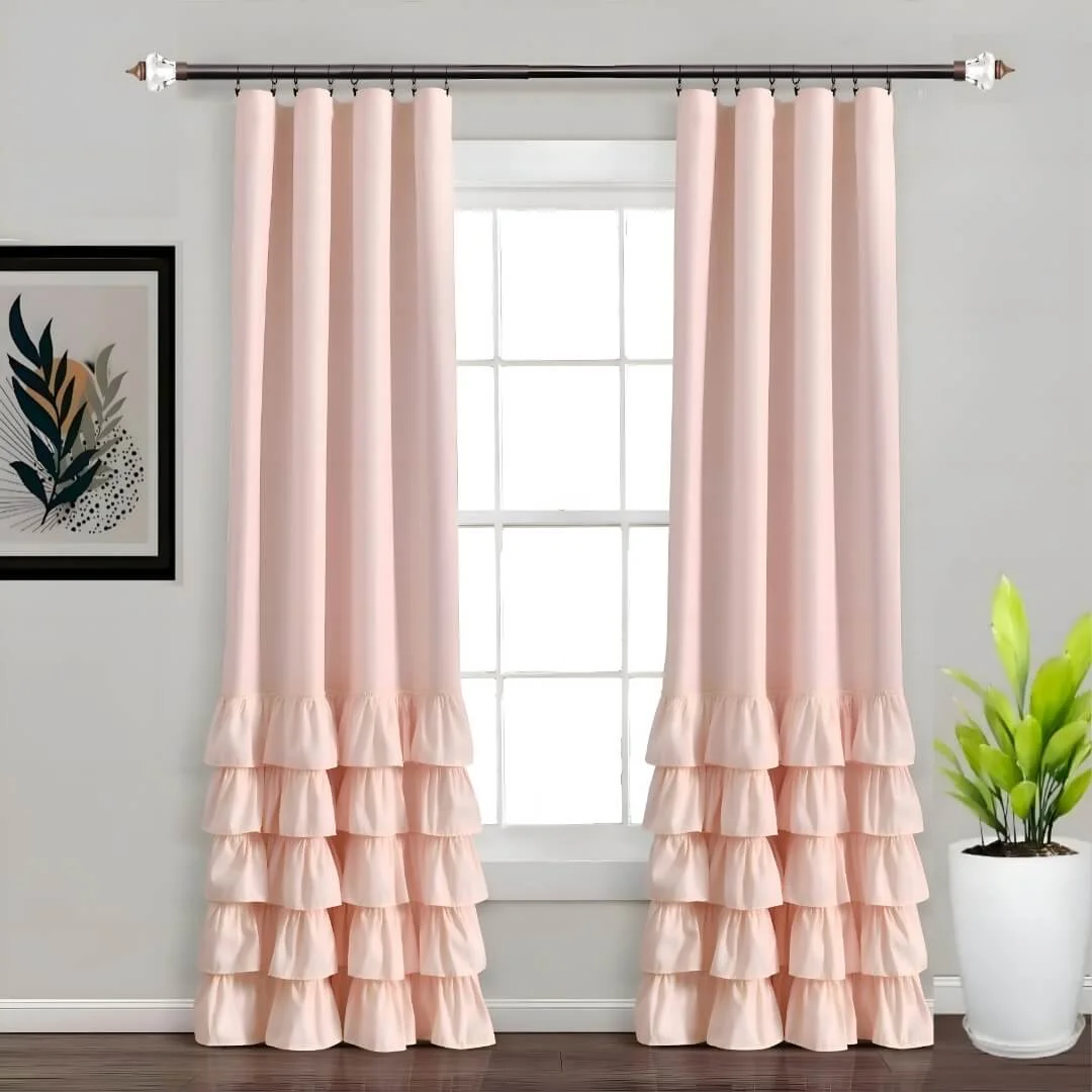 stylish curtain rod decorative extendable curtain rod with diamond ends installed in an living room. The sleek rod holds up elegant, floor-length pink curtains, creating a modern and airy feel while filtering natural light for privacy.