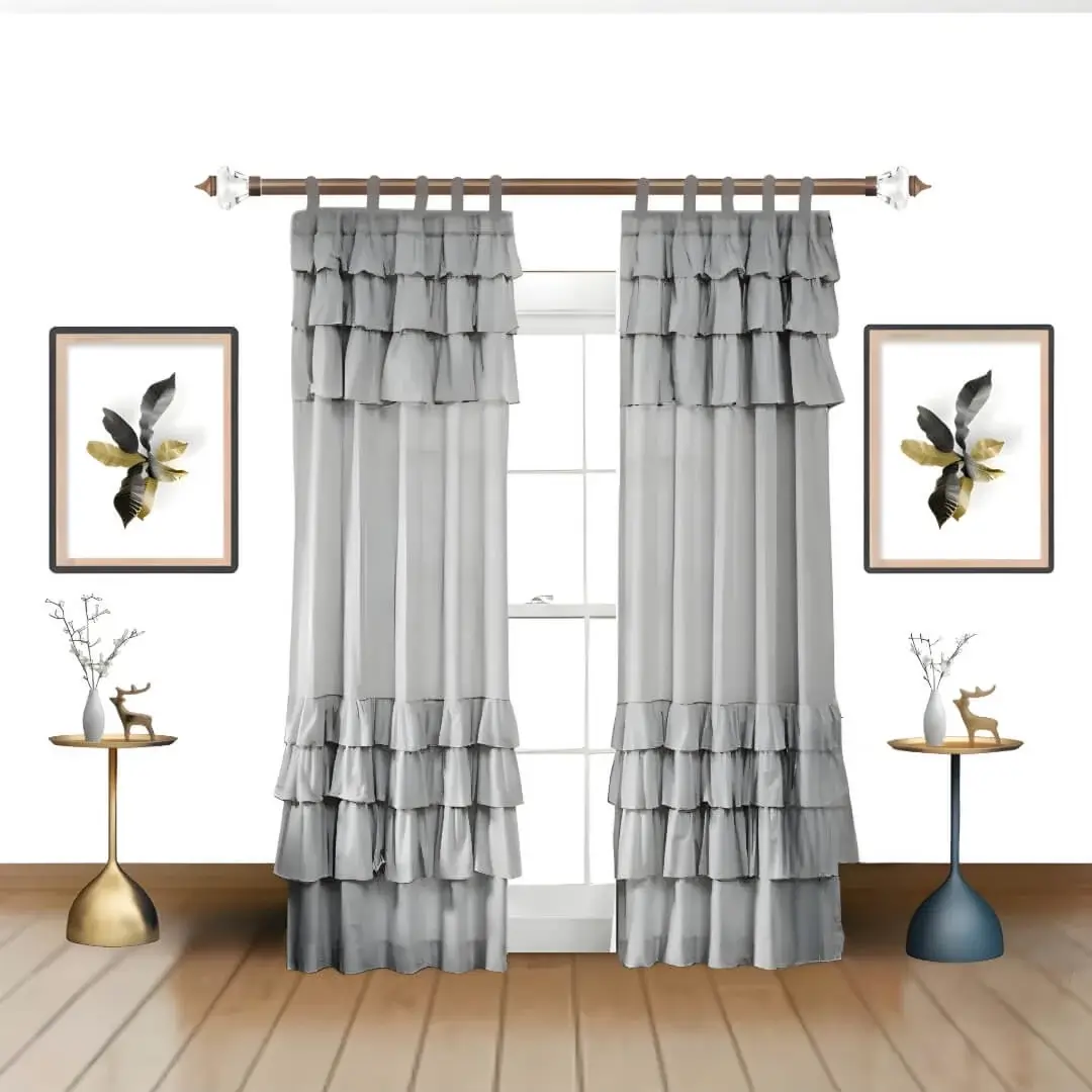adjustable curtain rods for windows adjustable curtain rods for windows - Stylish living room with flowing grey curtains on adjustable curtain rod installed on a window, paired with a side table, and wall paintings—creating a chic, inviting ambiance