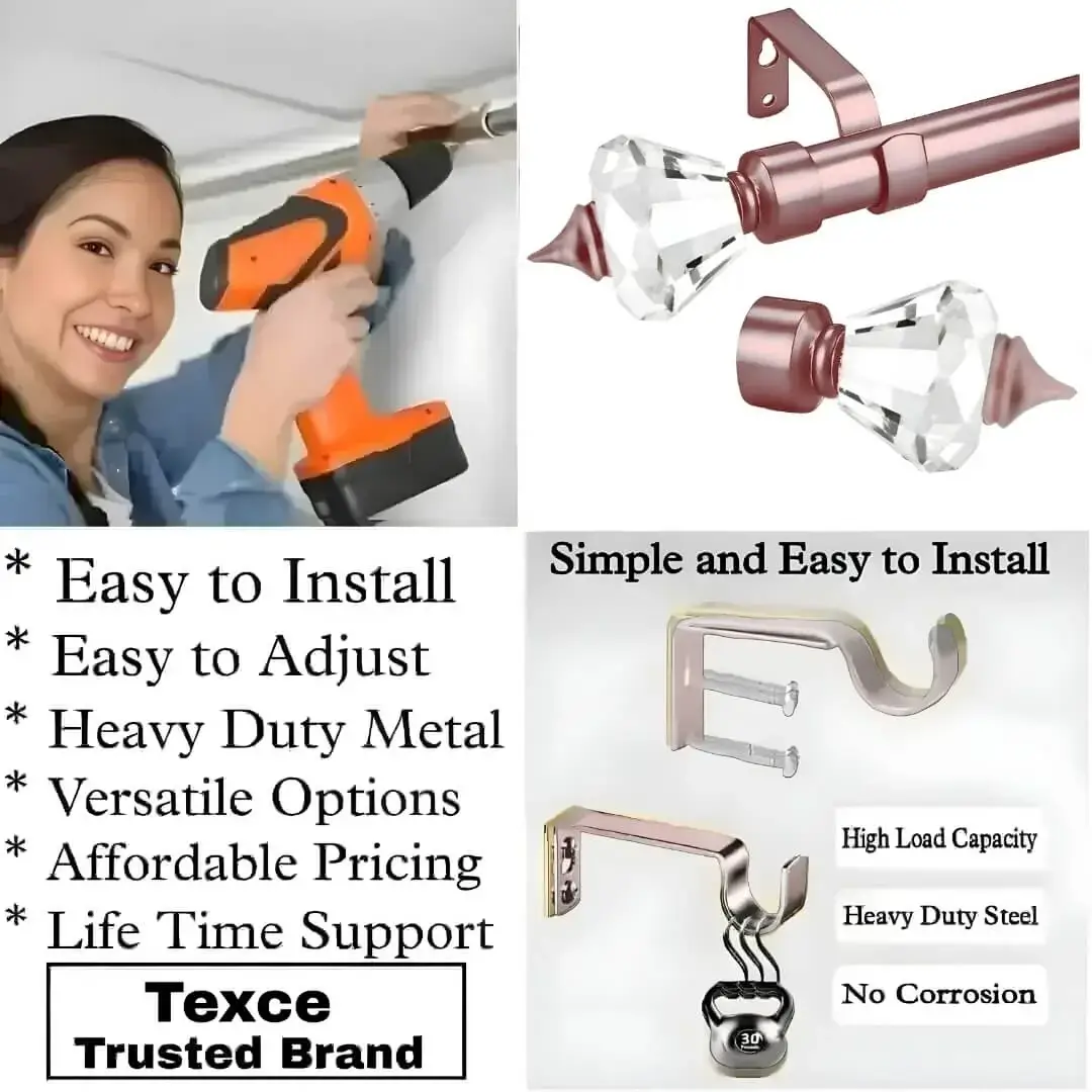 curtain rods and brackets curtain rods and brackets - Three-panel showcase: (1) DIY girl installing a curtain rod with a drill, (2) elegant rose gold colour curtain rod with crystal ends, and (3) close up of heavy duty steel holder. Overlay text highlights: ‘Easy to install, easily adjustable, heavy duty metal, versatile option, affordable pricing, life time support, heavy load capacity, heavy duty steel, no corrosion and Texce—a trusted brand.