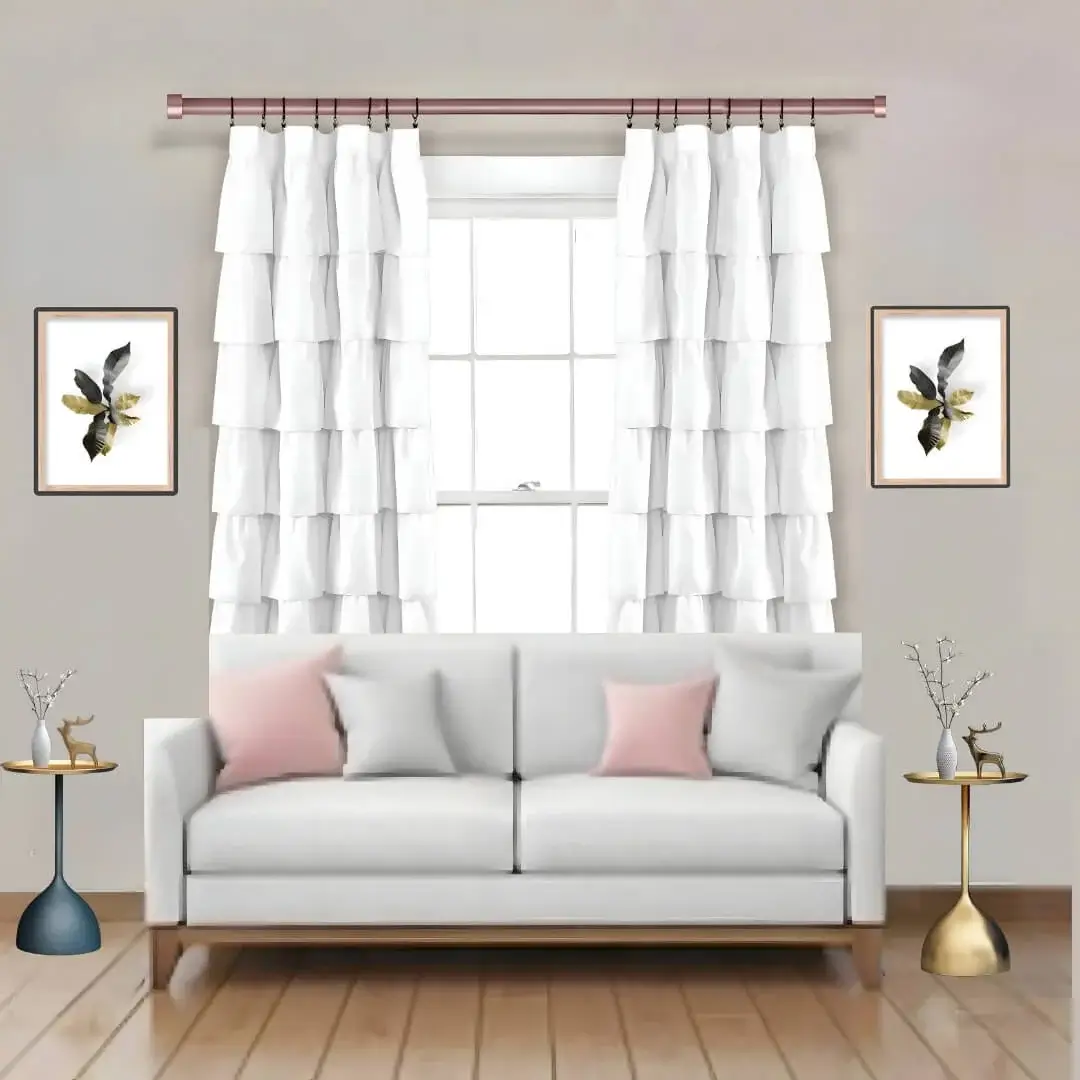 curtain rods for home curtain rods for living room - Stylish living room with flowing white curtains on adjustable curtain rod, paired with a cozy sofa set, vibrant cushions, and wall paintings—creating a chic, inviting ambiance