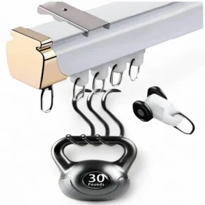 heavy duty curtain tracks for ceiling - Close up of ceiling mounted curtain track with sturdy brackets and smooth gliders holding heavy weight, text highlight “30 pounds” showcasing strong weight capacity and durable support for heavy-duty curtains installation.