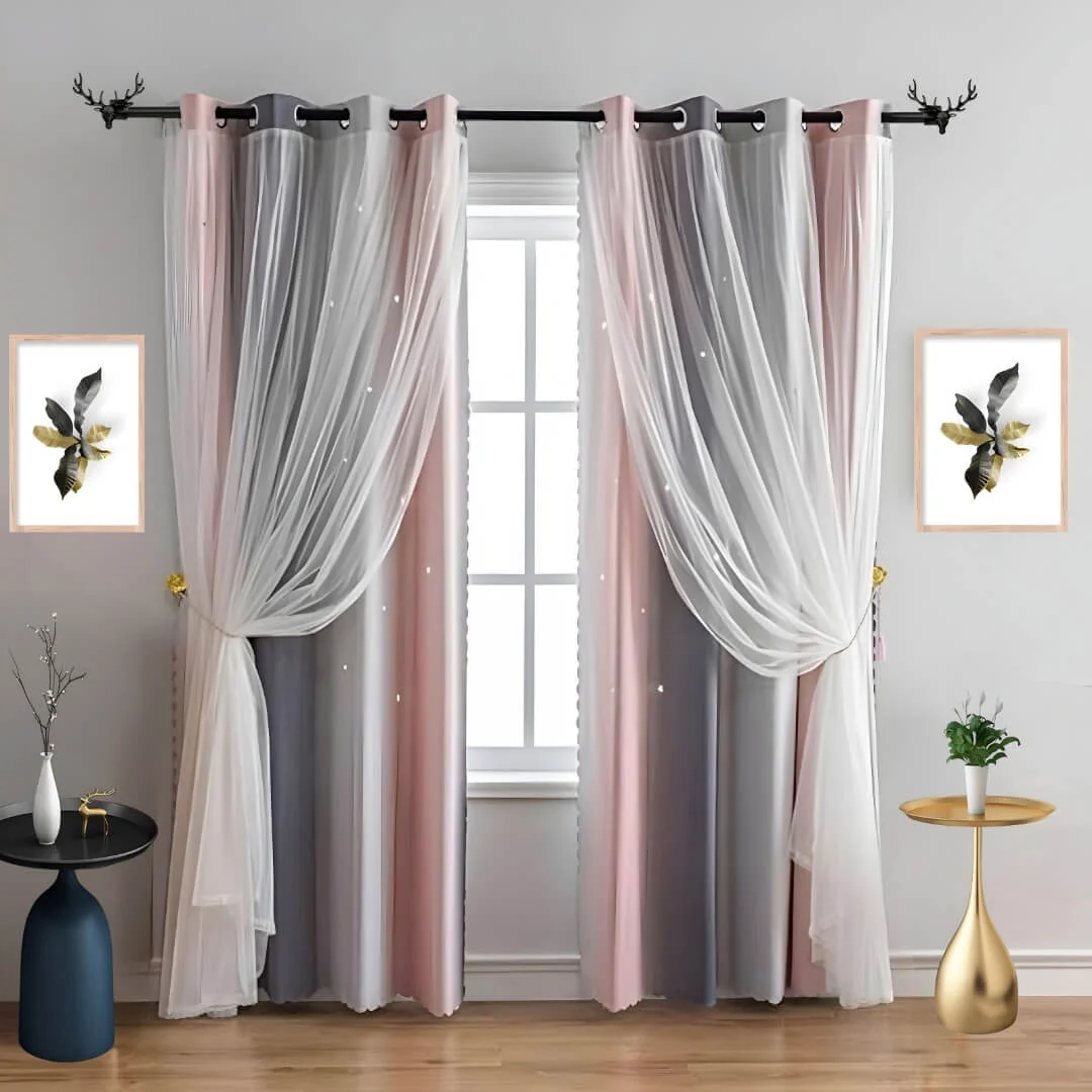 adjustable black curtain rods with finials adjustable black curtain rods with finials - Double curtain setup with blackout and sheer curtains hanging on adjustable black curtain rods with finials, featuring an extendable 1-inch diameter black rod, installed on a living room window with stylish wall art, creating a chic and inviting ambiance.