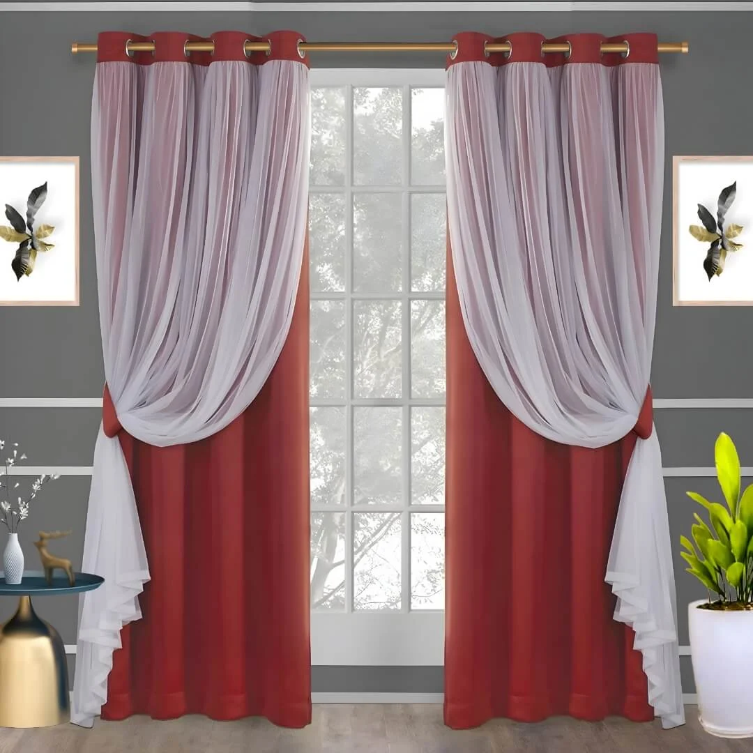 hanging double curtains on a single curtain rod double curtains on a single rod - Double curtain setup featuring blackout and sheer curtains hanging on a gold single curtain rod, installed on a living room window with elegant wall art, creating a chic and inviting ambiance.
